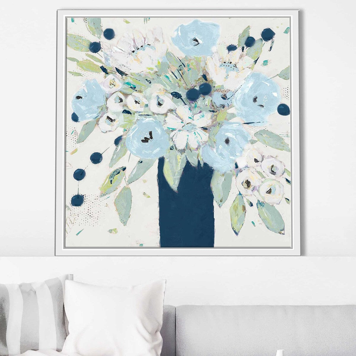 Blue Bouquet Vase Floating Canvas Wall Art - Modern Home Decor for Living Room, Bedroom & Office