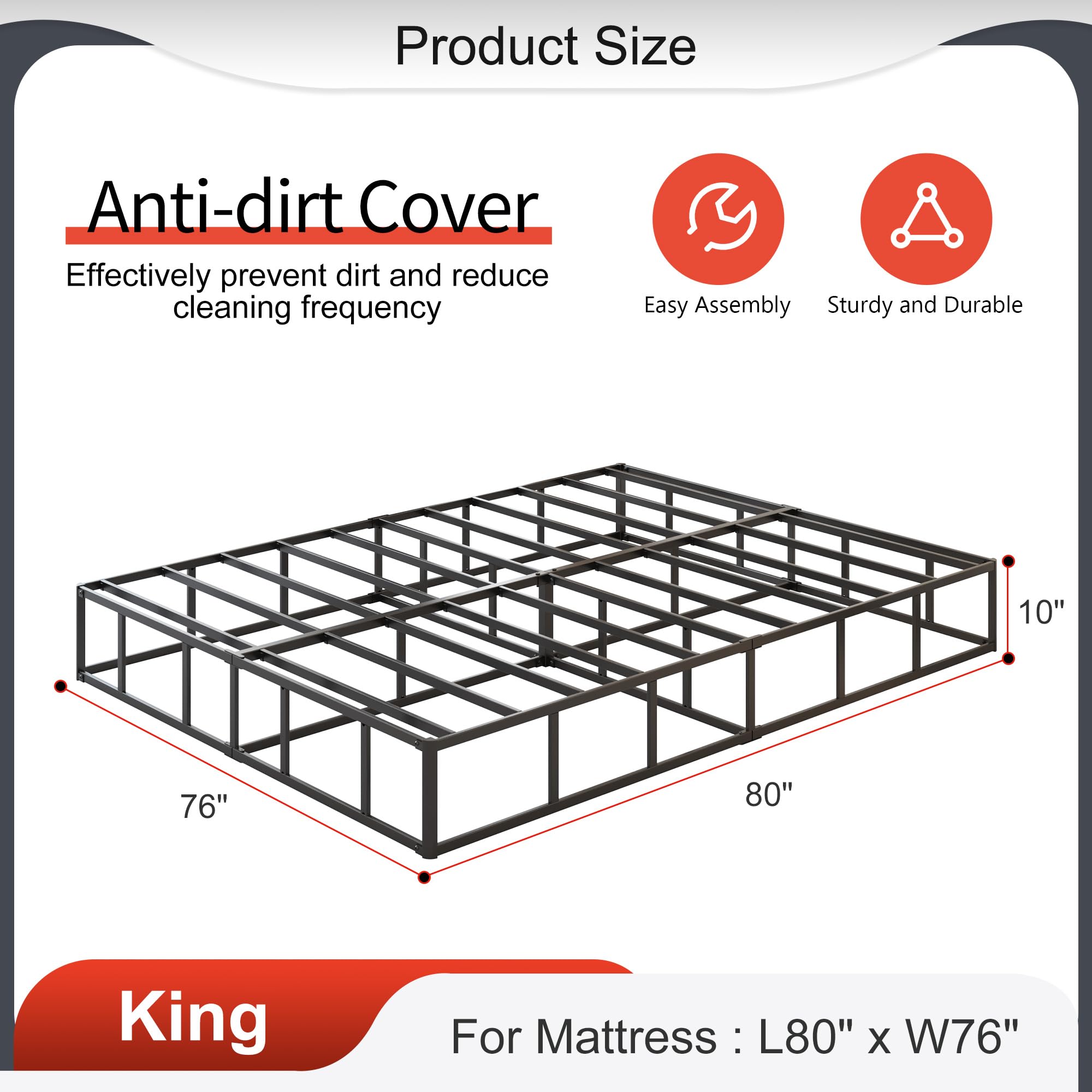 10 Inch High Profile King Box Spring - Heavy Duty Metal King Size Mattress Foundation with Fabric Cover - Sturdy, Easy Assembly & Noise Free - Black - Perfect for Bedroom, Guest Room & Dormitory
