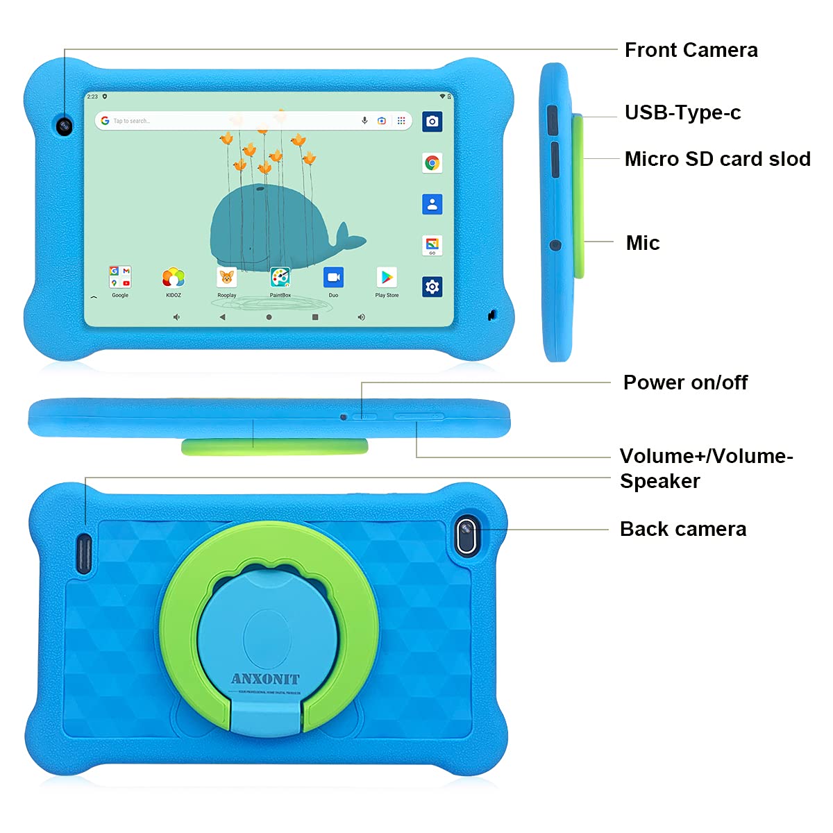 Kids Tablet 7 inch - Android 11 WiFi Learning Tablet for Children with Full HD 1920x1200 IPS Screen, 2GB RAM 32GB Storage, Preloaded Kidoz Educational Games & Apps (Blue) - Perfect for Homeschooling, Travel & Early Learning