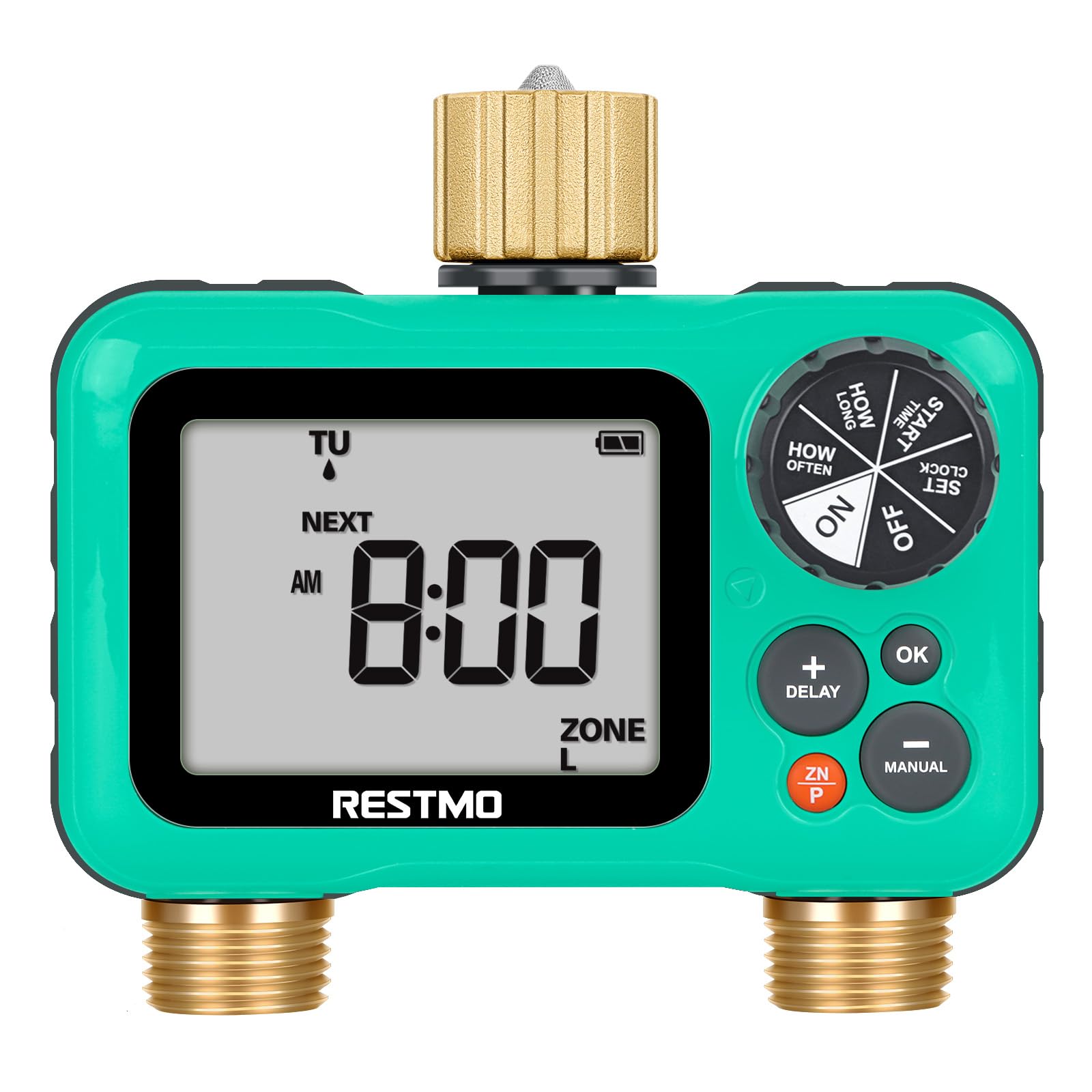 RESTMO Sprinkler Timer with Brass Inlet & Outlet - 2 Zone Programmable Garden Hose Water Timer with 3 Separate Programs | Manual/Rain Delay/Automatic Watering for Drip Irrigation, Lawn & Outdoor Plants | Perfect for Backyard, Garden & Landscape Watering Systems
