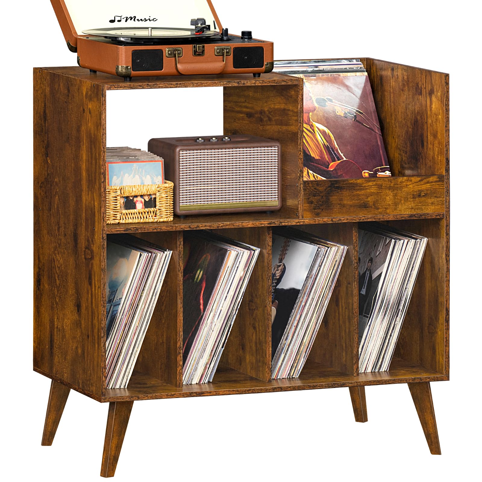 LELELINKY Large Wooden Record Player Stand with Storage - Holds 300 Vinyl Albums, Turntable Display Shelf for Living Room & Music Room - Perfect for Vinyl Collectors & Audiophiles (Brown)