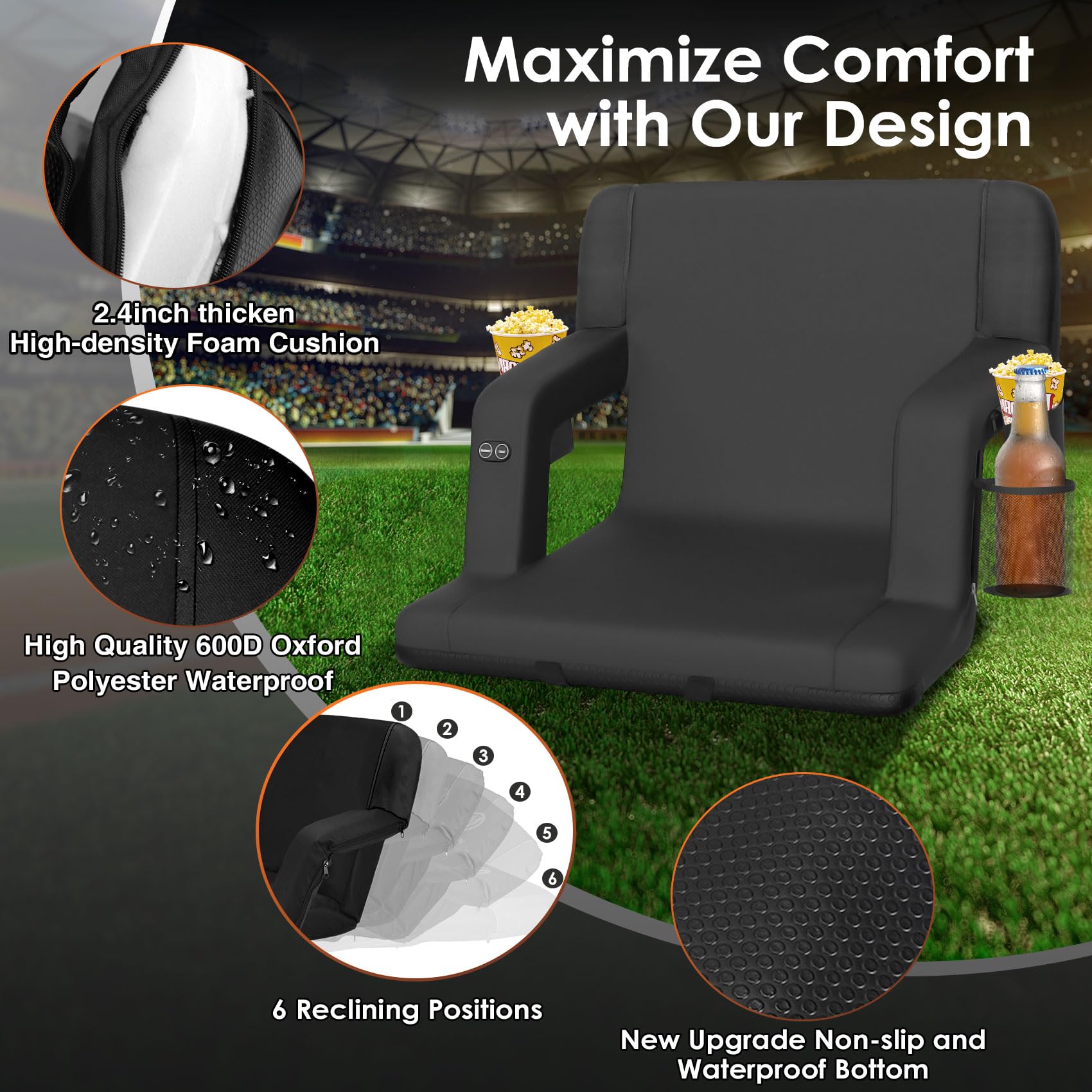 Dual-Sided Heated Stadium Seat with Back Support - Portable Bleacher Seat with 3 Heat Levels & 5 Storage Pockets - Perfect for Football Games, Concerts, Camping & Outdoor Events (Black)