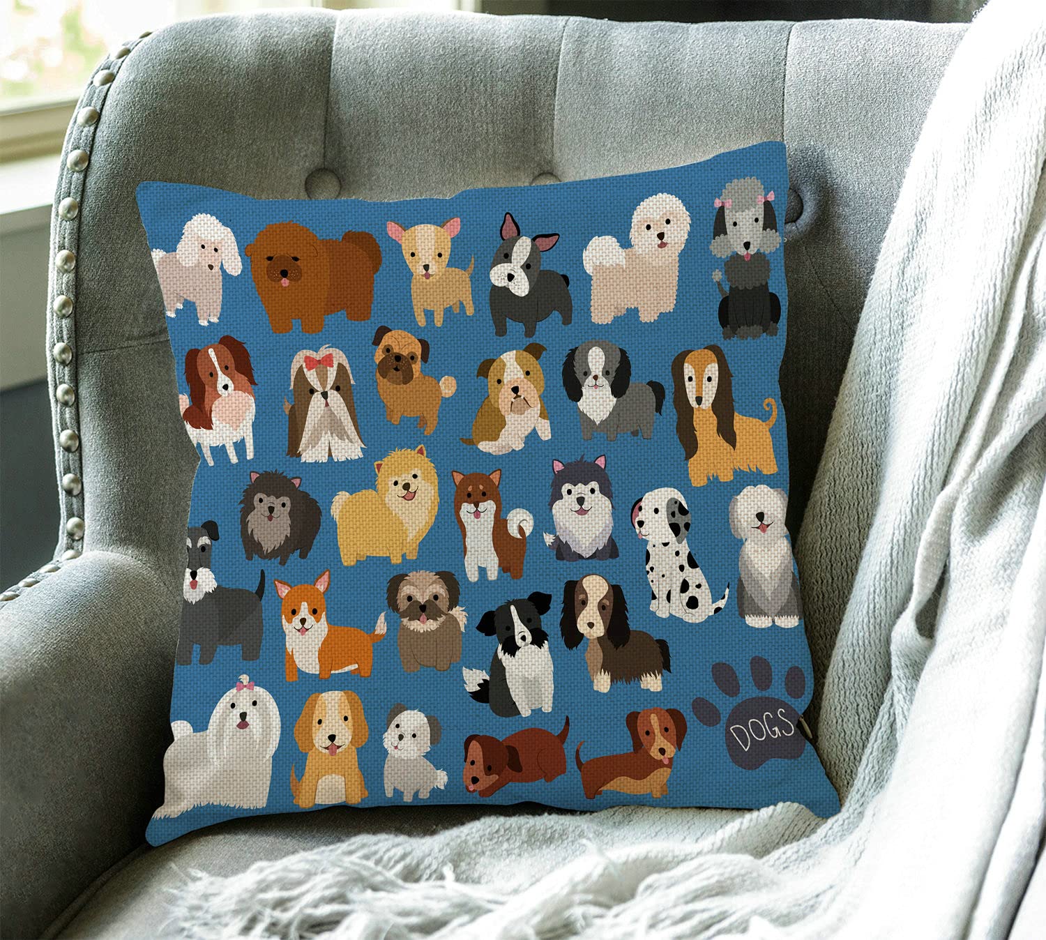 Swono Cute Dog & Puppy Cotton Linen Throw Pillow Cover 18x18 Inch - Soft Decorative Cushion Case for Sofa, Couch, Bed - Perfect for Living Room, Nursery & Pet-Friendly Home Decor