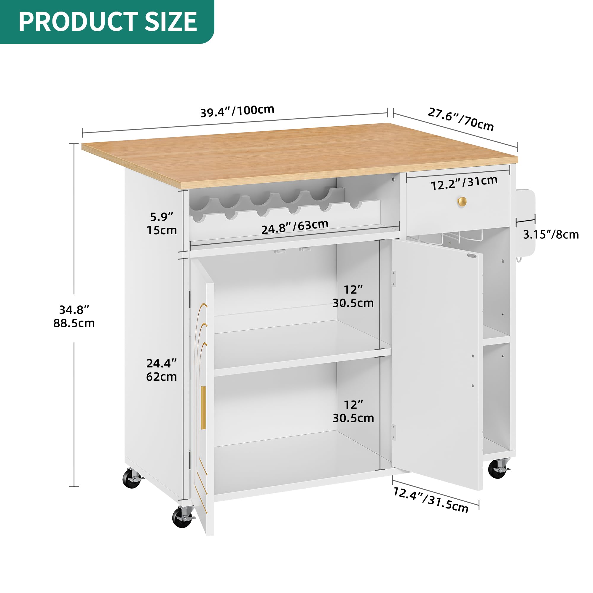 YITAHOME White & Oak Kitchen Island with Folding Drop Leaf - Rolling Kitchen Cart with 2 Gilded Cabinet Doors, Drawer, Open Shelves, Wine Spice Rack & Cup Hangers - Perfect for Small Kitchens, Dining Rooms & Entertaining Spaces