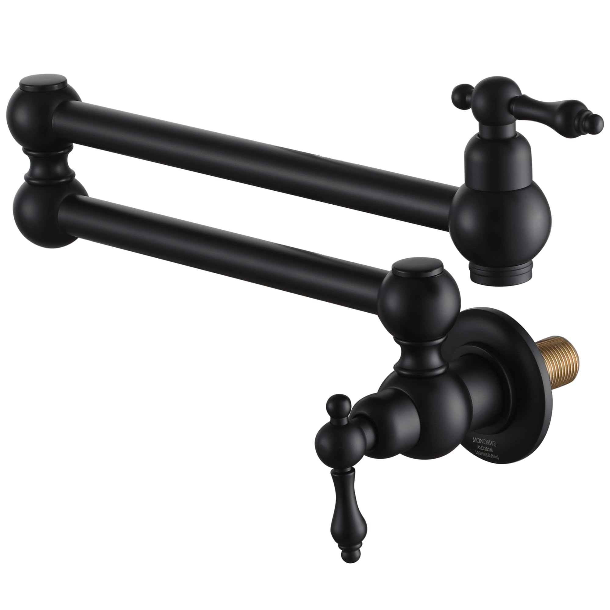 MONDAWE Matt Black Pot Filler Faucet - Brass Wall Mount Stove Faucet with Double Handle & 360° Rotation - 1.8 GPM Kitchen Sink Faucet for Pasta Cooking & Soup Making - Perfect for Modern Farmhouse & Commercial Kitchens