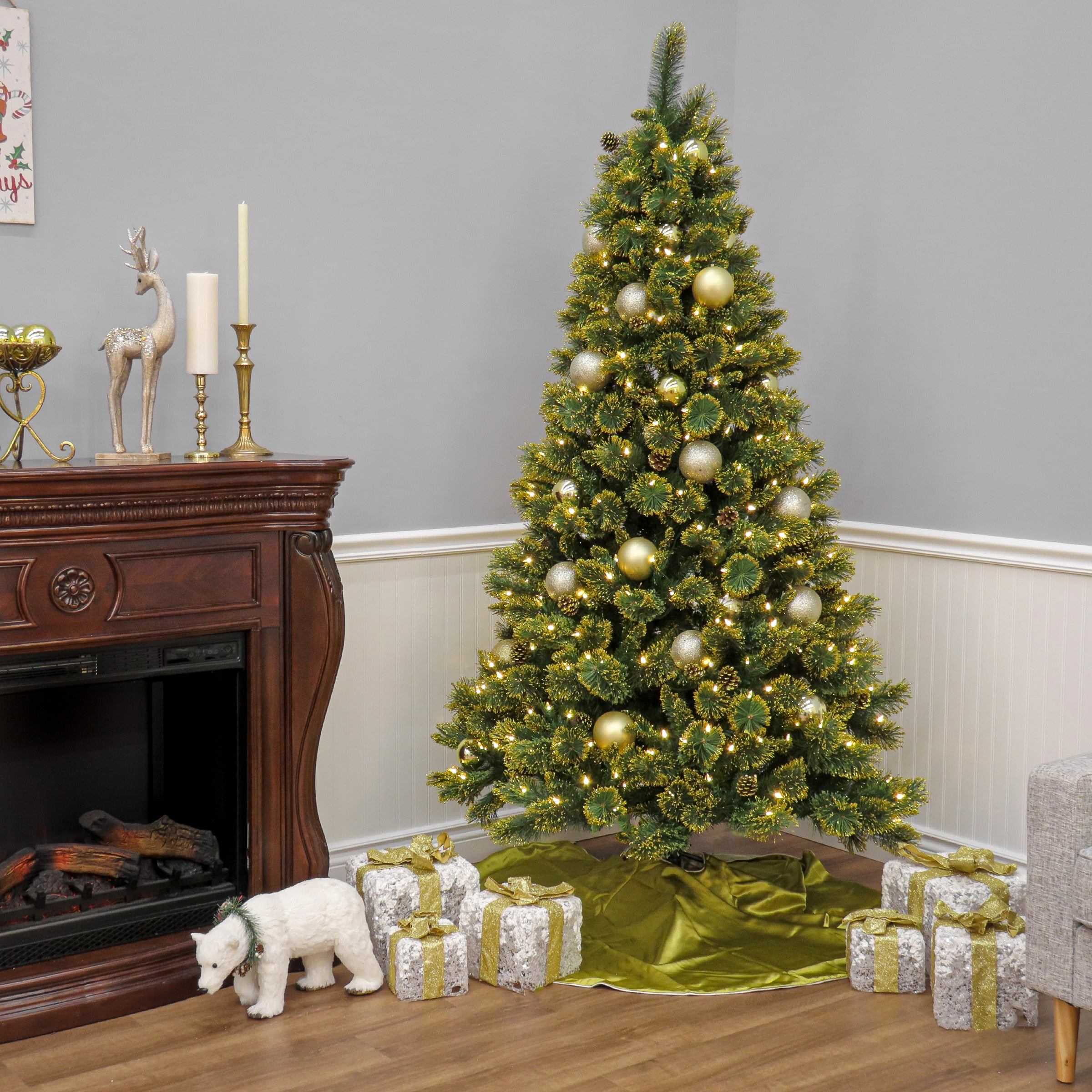 7 ft. Pre-Lit Maine Pine Artificial Christmas Tree with Warm White LED Lights - Perfect for Home, Office, and Holiday Decorations