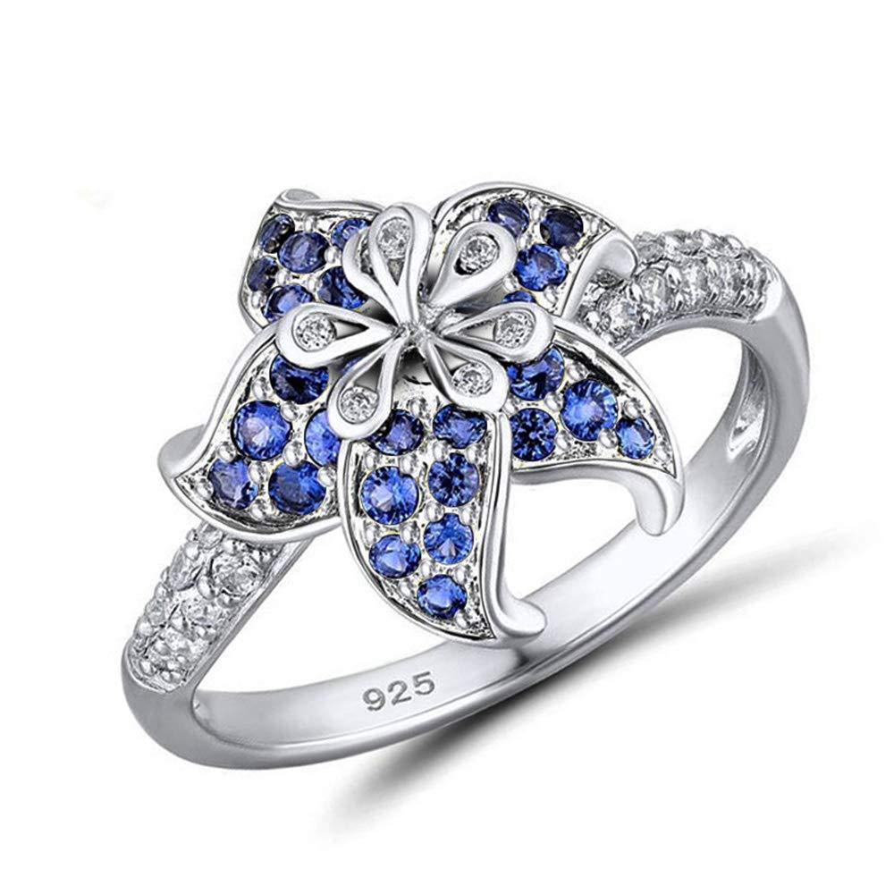18K Gold Sapphire & Diamond Ring for Women - Sterling Silver Flower Ring with Cubic Zirconia - Promise, Cocktail, Engagement & Wedding Band - Perfect for Anniversaries, Proposals & Special Occasions