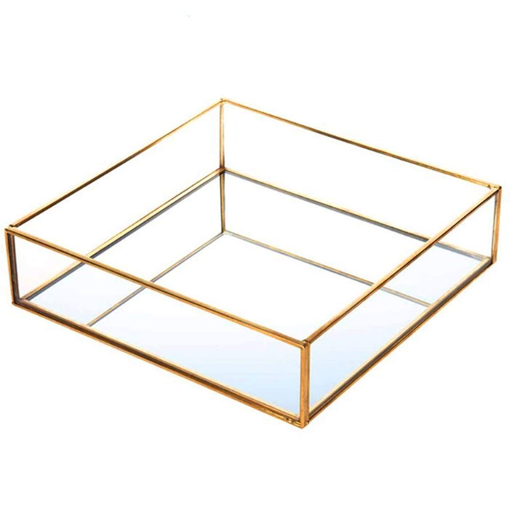 Elegant Mirror Jewelry & Perfume Tray - Decorative Vanity Dresser Organizer with Ornate Metal Design - Perfect for Jewelry Display, Perfume Storage & Home Decor (Cube Shape)