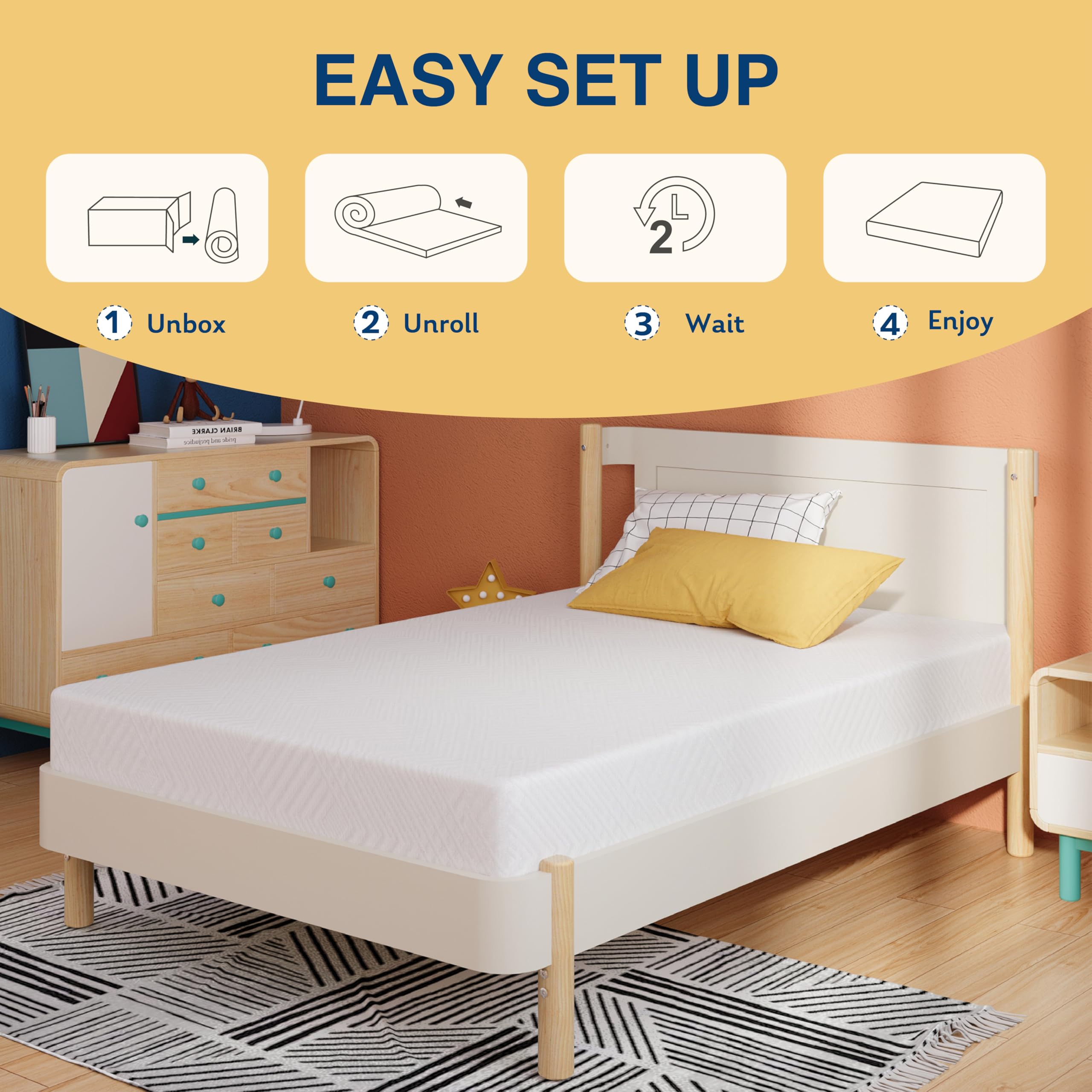 EGOHOME 6 Inch Twin Mattress for Kids - Green Tea Gel Cooling Memory Foam Bunk Bed Mattress in a Box, CertiPUR-US Certified, Medium Firm Support, Made in USA - Perfect for Trundle Beds, Daybeds & Kids' Bedrooms (White)
