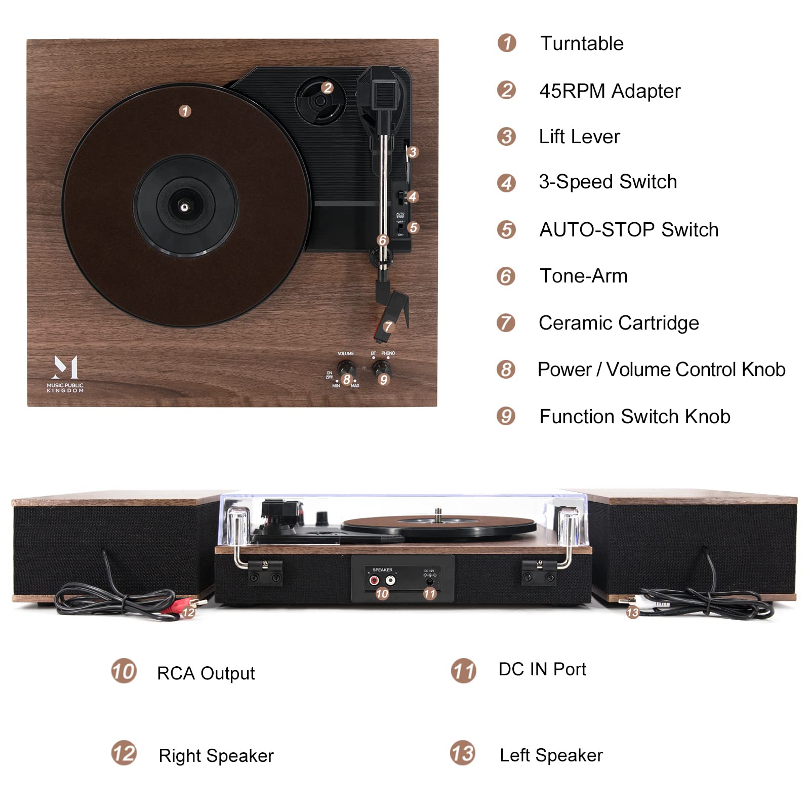 MPK Bluetooth Record Player - HiFi Turntable with Bookshelf Speakers, 3-Speed Belt-Drive Vinyl Player for Wireless Playback & Auto-Stop, Walnut Wood - Perfect for Home Entertainment & Vinyl Record Collection