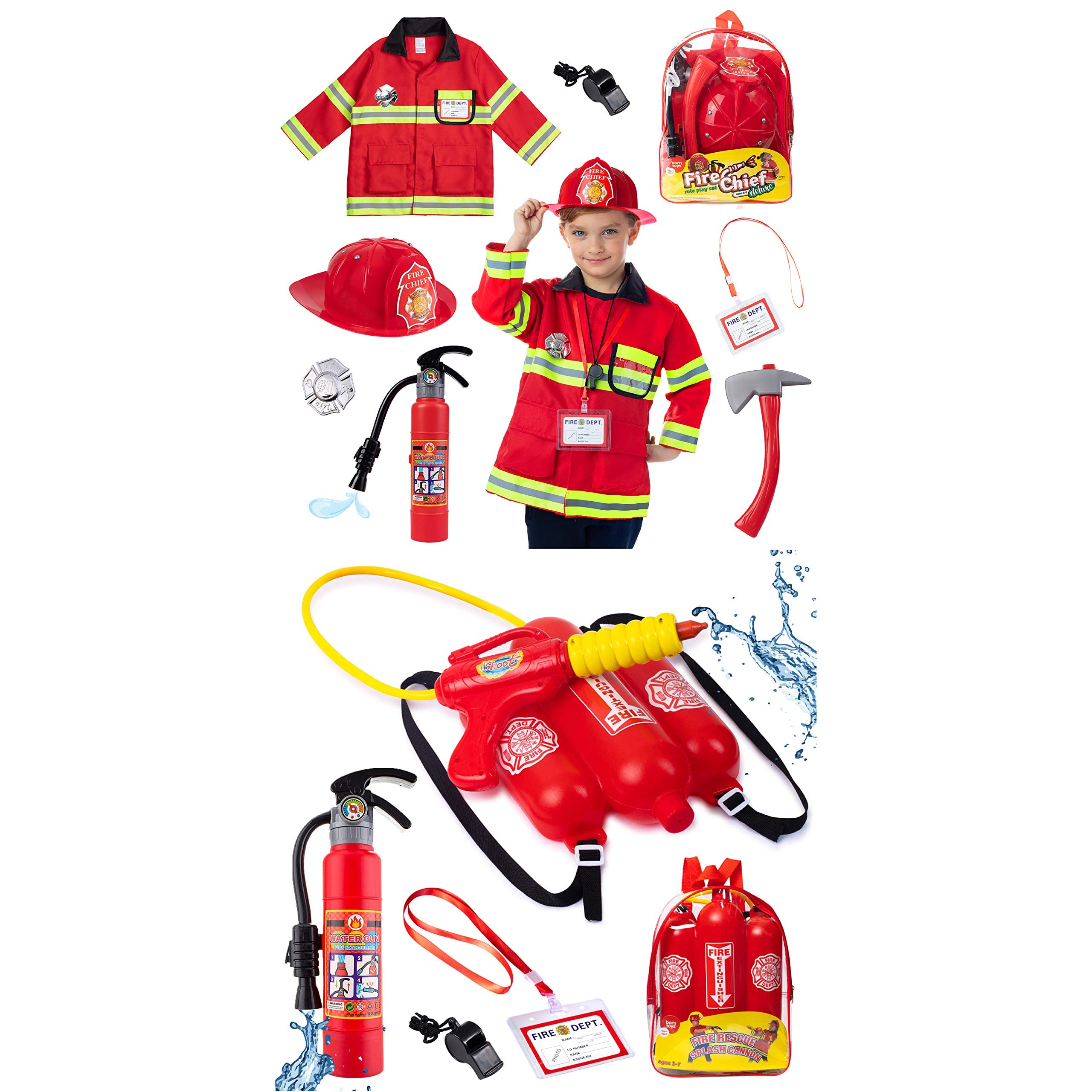 Born Toys Premium Washable Fireman Costume Set with Water Gun - Kids Role Play Dress Up for Halloween, Birthday Party & Pretend Play