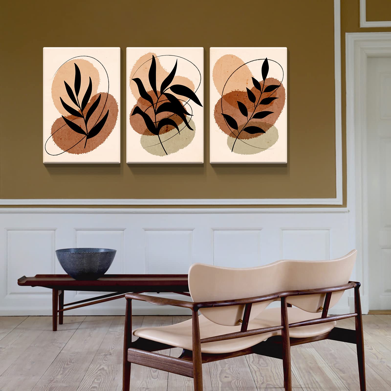 Boho Wall Art Set of 3 - 24x36 Inch Framed Canvas Prints, Minimalist Mid Century Modern Plant Paintings, Abstract Bohemian Home Decor for Living Room & Bedroom - Perfect for Gallery Walls & Boho Chic Interiors