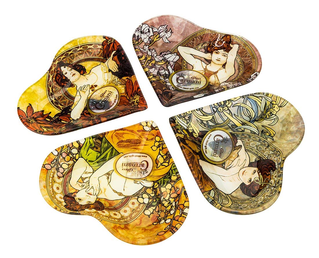 Carmani Painters Elegant 4-Piece Heart-Shaped Paint Trays Set - Alfons Mucha Art Nouveau Collection for Artists & DIY Home Decor