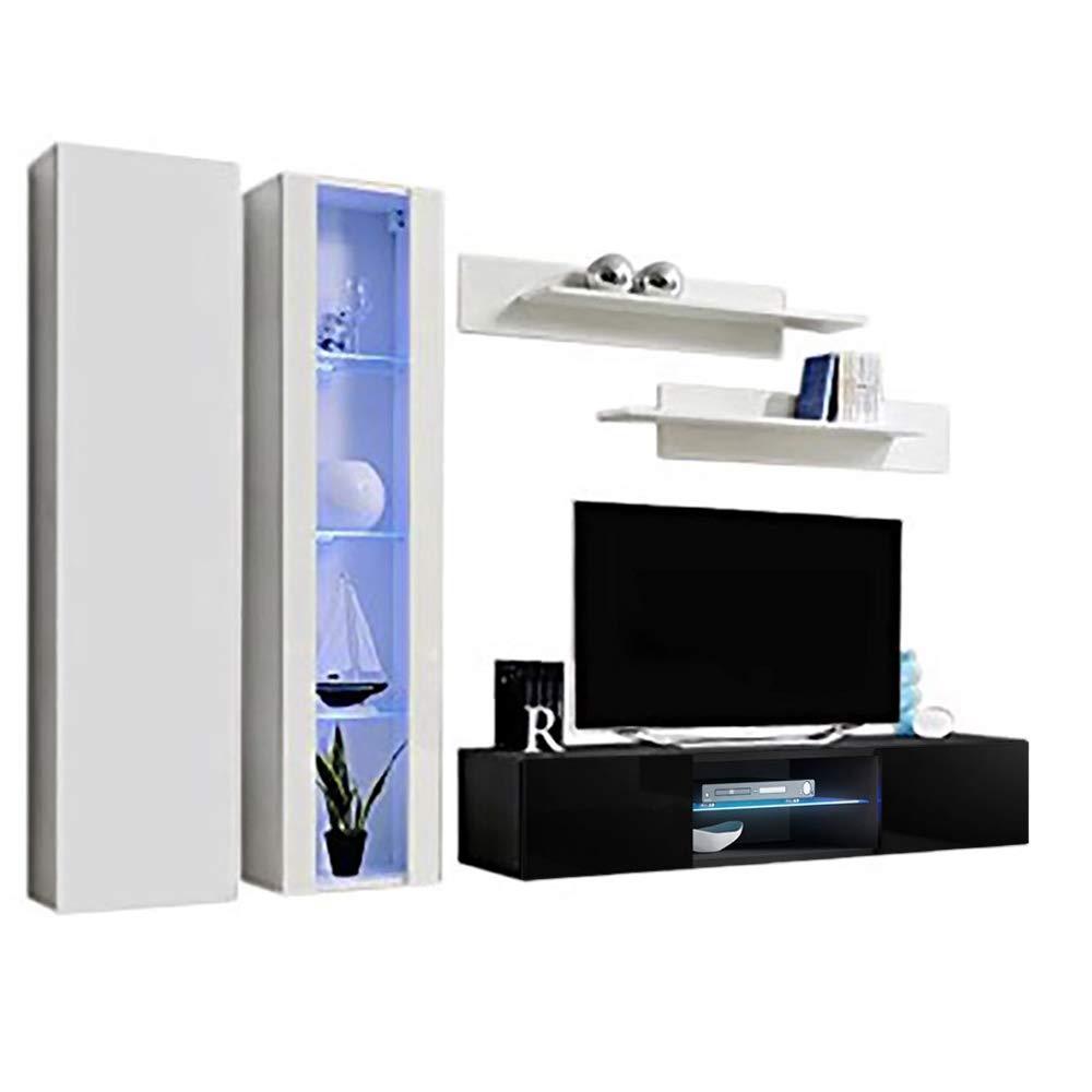 Modern Floating TV Stand with Storage & LED Lights - Wall-Mounted Entertainment Center for Bedroom & Living Room - White/Black A4 33TV Console with Shelves - Perfect for Small Spaces & Home Theater Setup