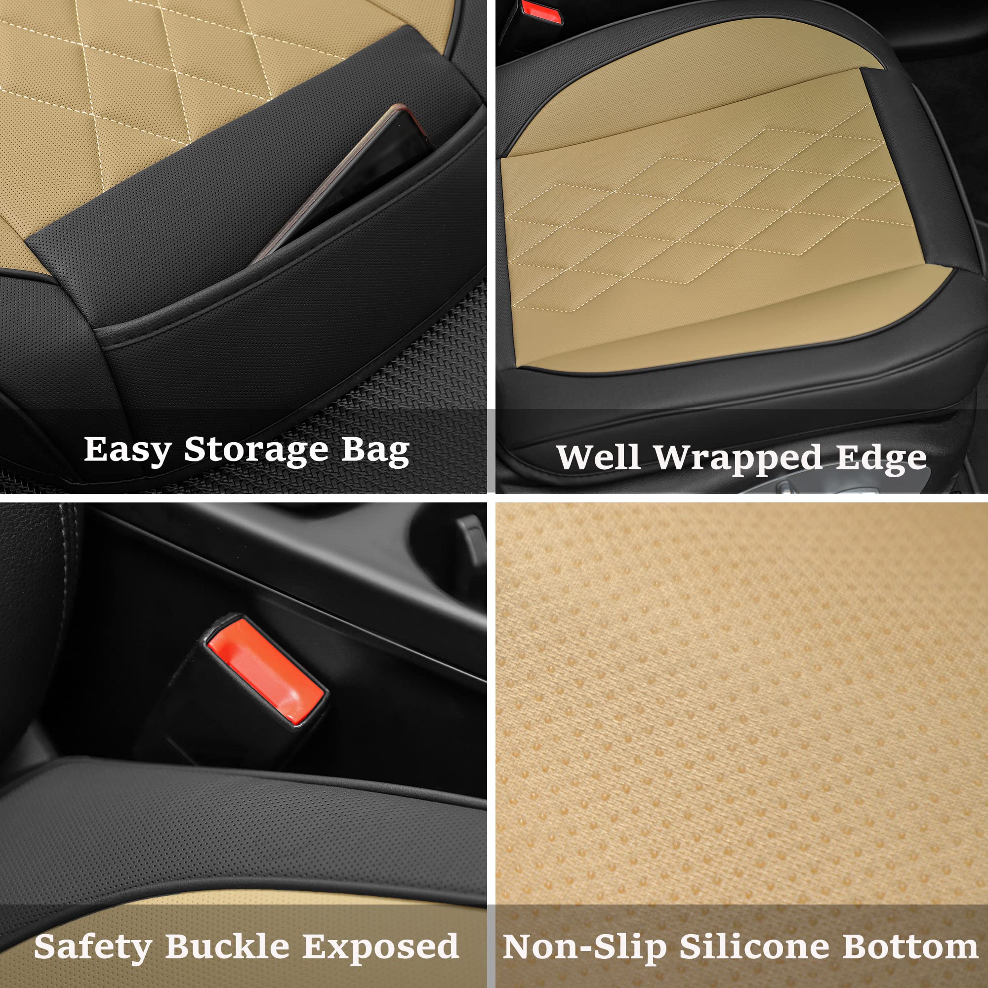 JOJOBAY 2-Pack Premium Leather Car Seat Covers - Padded & Anti-Slip Front Bottom Seat Protectors Fits 95% Vehicles (Beige, 2PC) | Comfort & Protection for Daily Commute, Road Trips & Family Cars