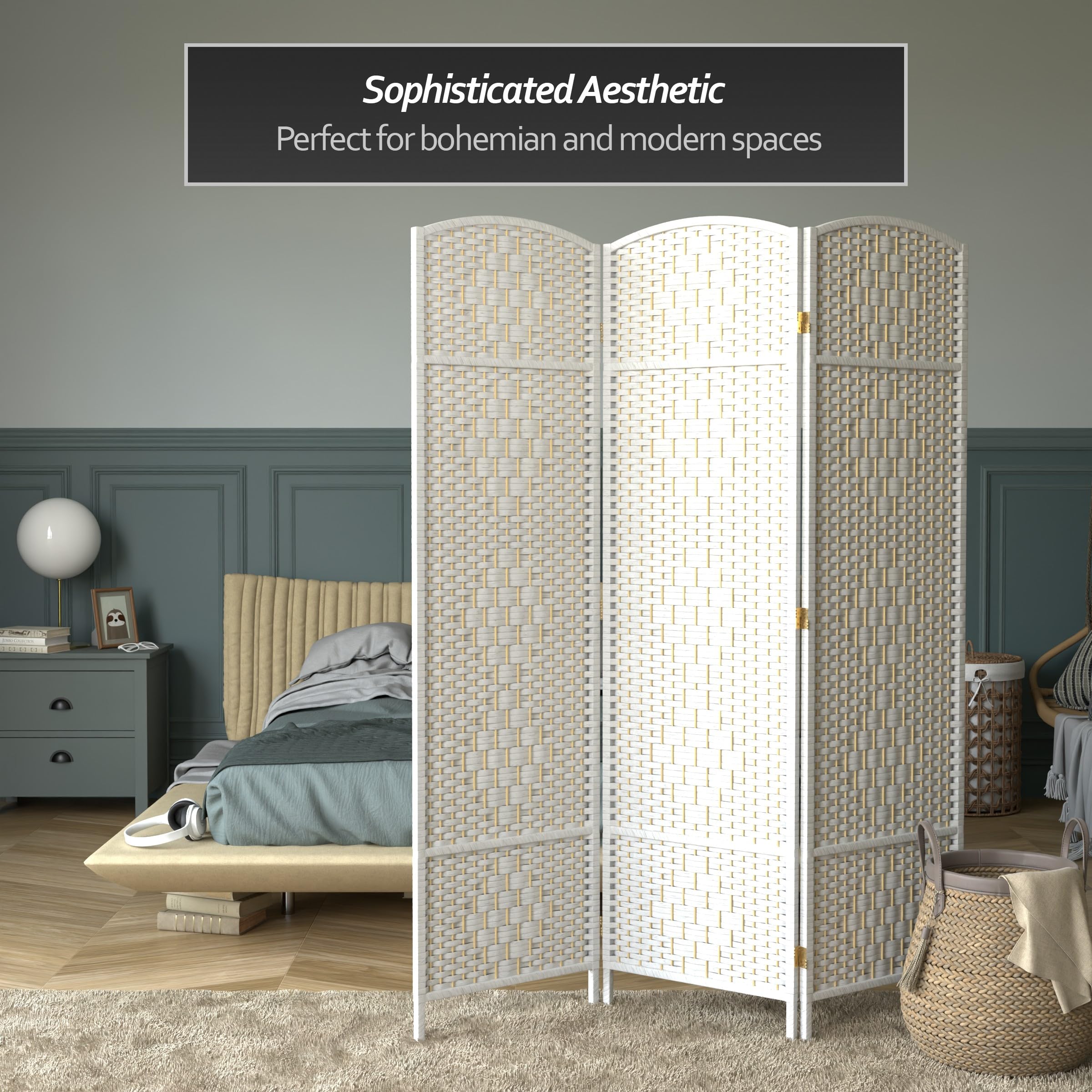 6 ft. Tall Diamond Weave Fiber White 3-Panel Room Divider - Red Lantern Design for Home Decor, Office Partition & Event Space Separator