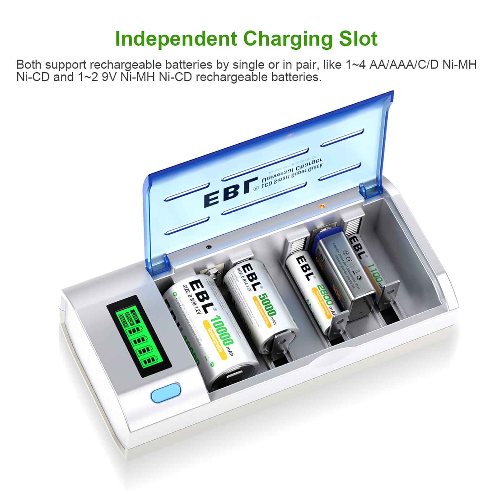 EBL Upgraded LCD Smart Battery Charger for AA AAA C D 9V Rechargeable Batteries with Discharge Function - Includes 4x 5000mAh C Size Batteries - Perfect for Cameras, Toys, Flashlights & Home Electronics