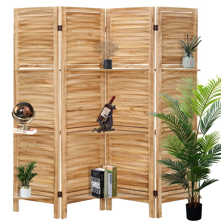 ECOMEX 4 Panel Wooden Room Divider with Shelves - Freestanding Partition Screen for Home & Office - Natural Finish for Living Room, Bedroom or Studio Decor