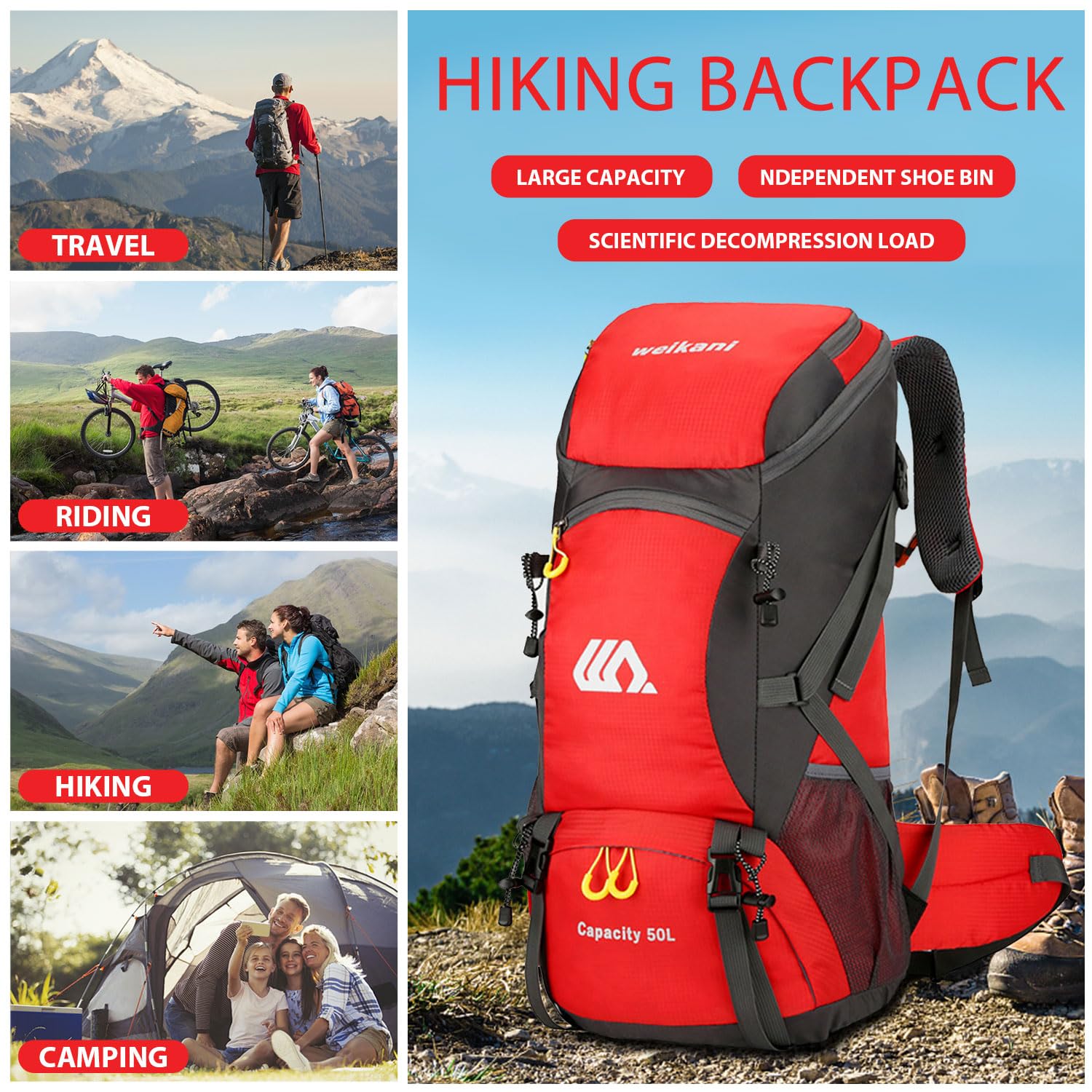 **50L Lightweight Hiking Backpack for Men & Women - Waterproof Camping Backpack with Adjustable Straps for Trekking, Hunting & Outdoor Adventures (Red) - Perfect for Day Trips, Travel & Sports**