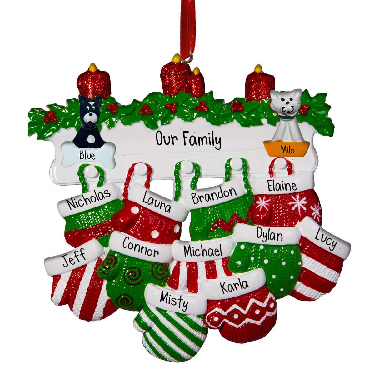 Personalized Christmas Mittens on Hooks - Family of 11 Ornament Set - Fireplace Mantel Decor with Garland & Candles - Perfect for Large Families (Pets Option Available) - Free Customization - Holiday Home Decoration for Mantels, Christmas Trees & Gift Giving