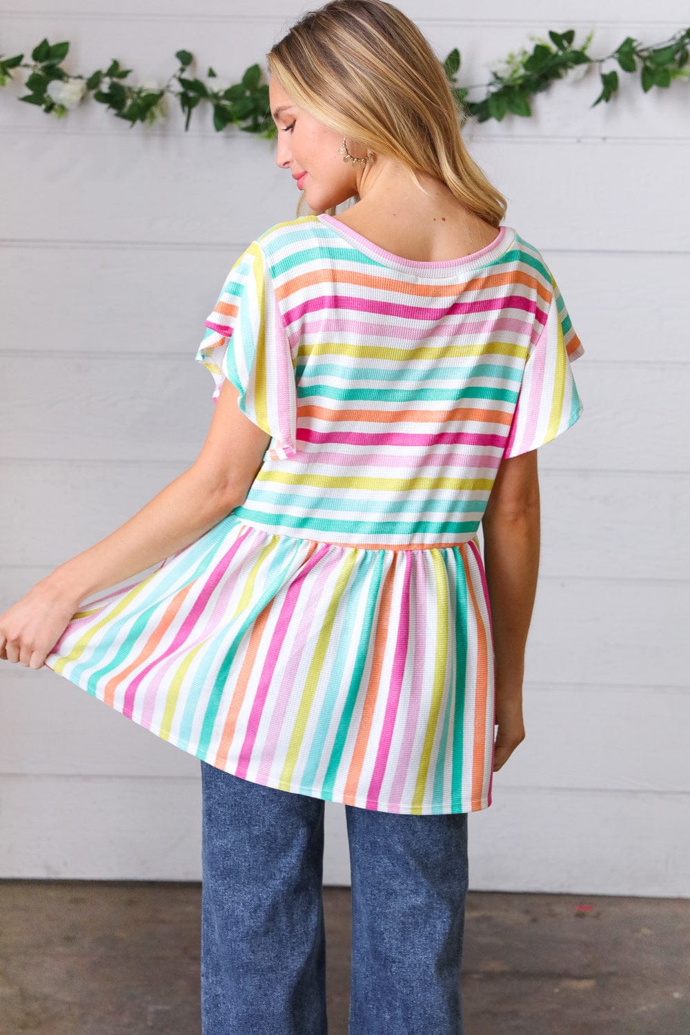 Lavender Rainbow Stripe Babydoll Top - Cute Flowy Summer Crop Top for Women, Perfect for Beach, Music Festivals & Date Nights