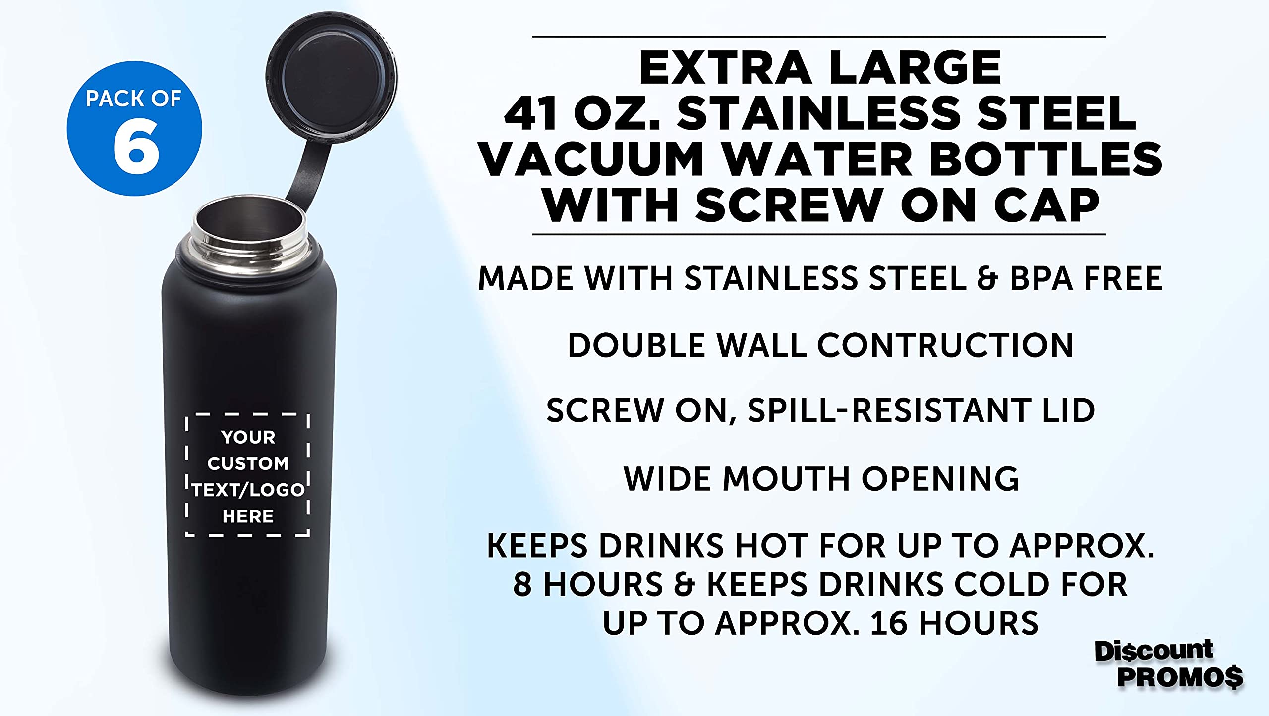 6 Pack 41 oz Stainless Steel Vacuum Insulated Water Bottles - Double Wall Thermal Design, Custom Text & Logo, Black - Perfect for Gym, Hiking, Camping & Office Use