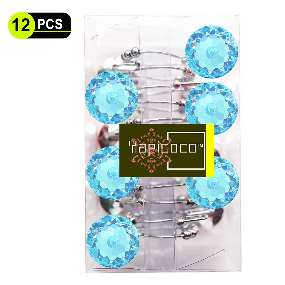 12PCS Crystal Rhinestone Shower Curtain Hooks - Anti-Rust Double Hooks for Bathroom, Shower Curtains, Towels & Clothing (Aqua Blue) - Elegant Bathroom Decor & Easy Glide Hangers for Stylish Home Upgrade