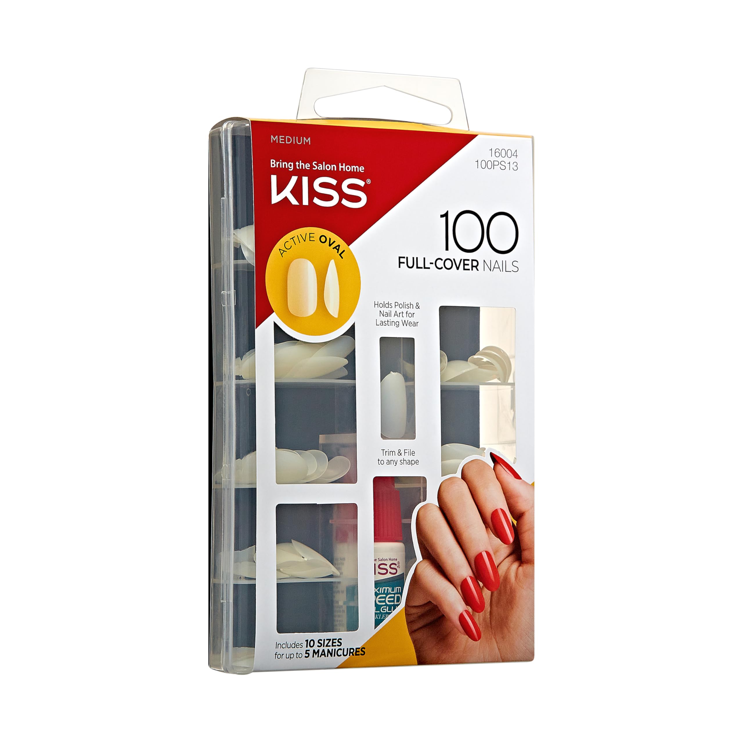 KISS 100 Full Cover Fake Nails Manicure Kit - Medium Length Active Oval False Nails (10 Sizes, 5 Manicures, 100 Pieces) for Women - Perfect for Parties, Weddings, and Daily Wear