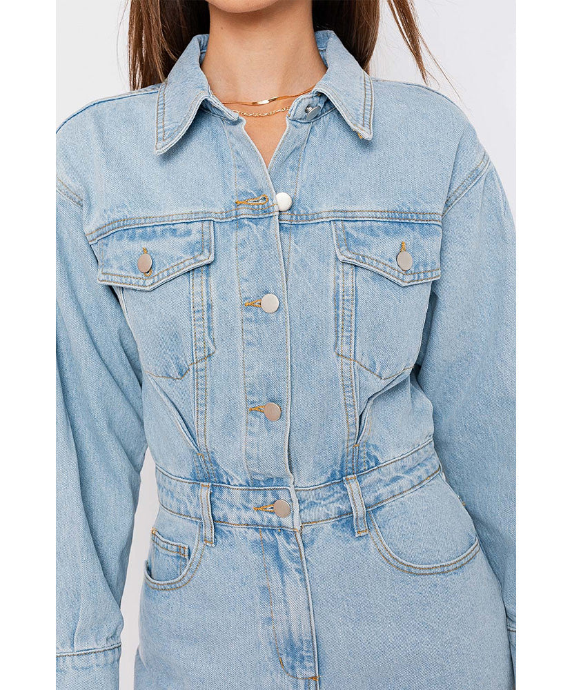Be My Darlin Women's Long Sleeve Denim Romper Jumpsuit - Casual Outfit for Date Night & Fall Fashion
