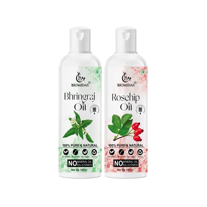 Biomidas 100% Pure Bhringraj Oil & Rosehip Oil Combo (100ML Each) - Promotes Rapid Hair Growth, Reduces Hair Fall, Repairs Split Ends for Softer & Shinier Hair - Perfect for Daily Hair Care & Scalp Treatment (Pack of 2)