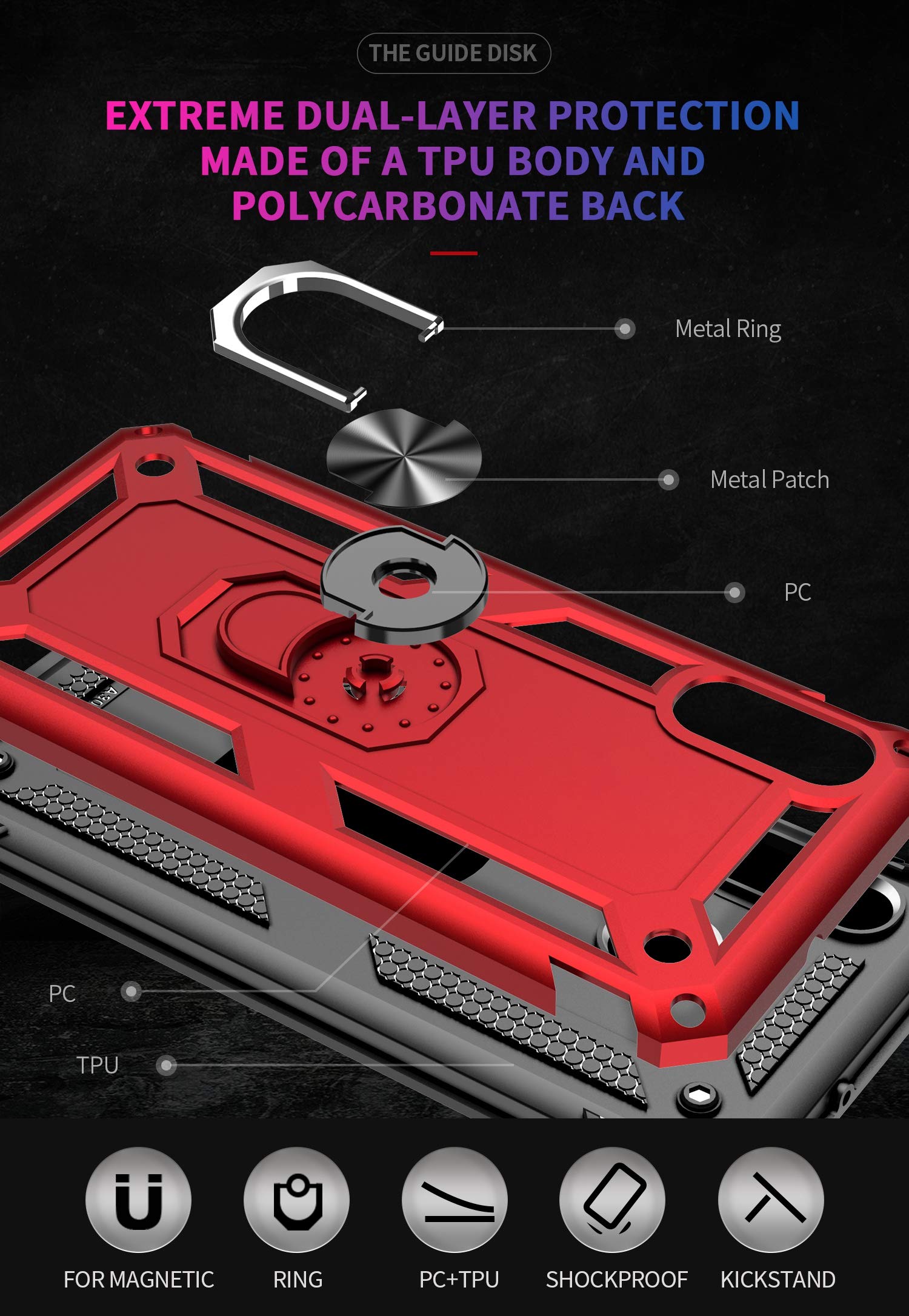 Military Grade Protective Phone Case for Samsung Galaxy A10E with Magnetic Car Mount & Kickstand - Shockproof Defender Cover for Everyday Use, Commuting and Travel (Red)