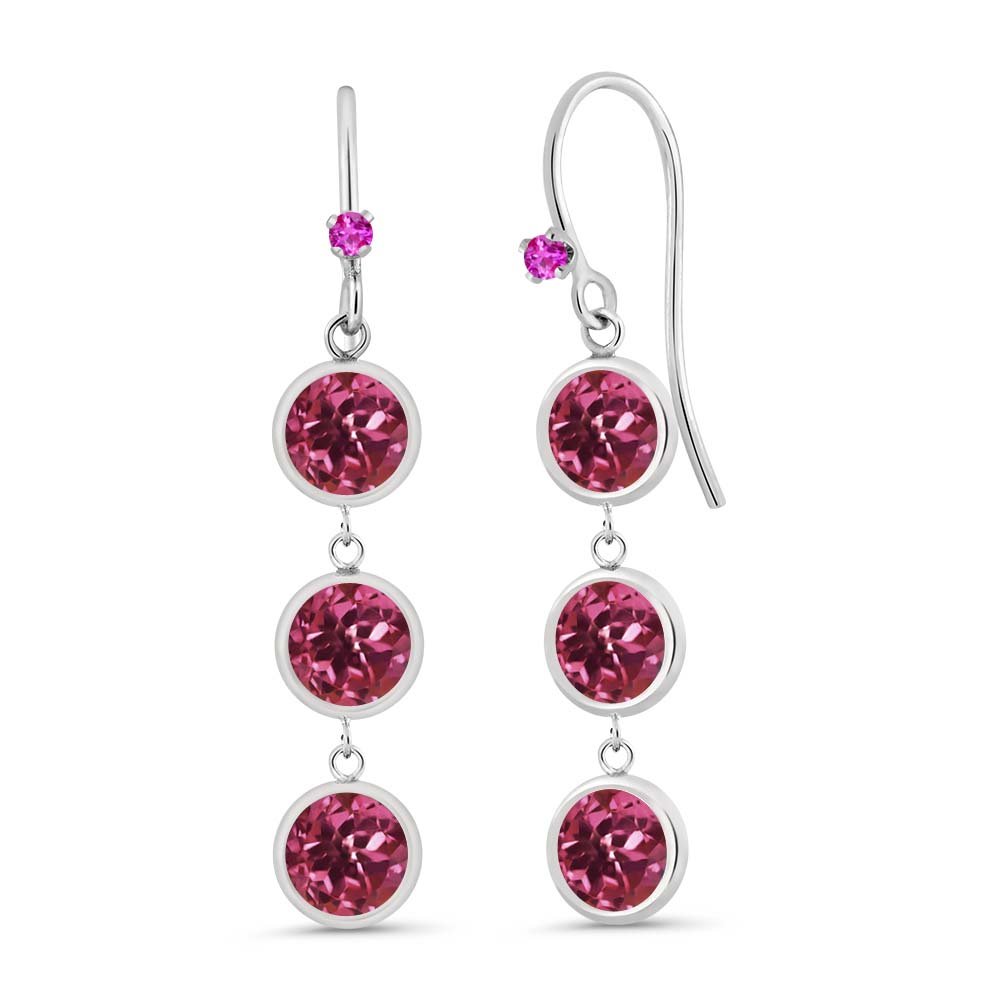 925 Sterling Silver Pink Tourmaline & Sapphire Earrings for Women - 3 Stone Round October Birthstone Jewelry (3.04 Cttw, 1 Inch) | Perfect for Birthdays, Anniversaries & Special Occasions