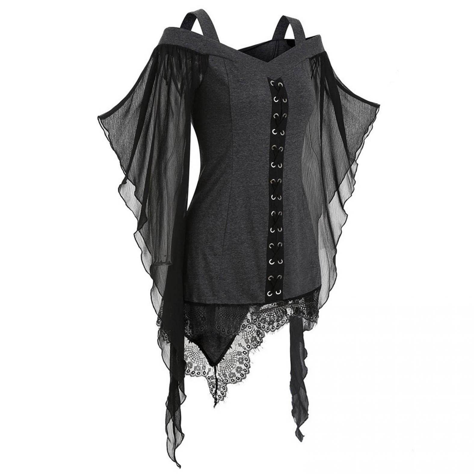 Gothic Women's Tops - Sexy Mesh Sheer Butterfly Sleeve Blouse with Corset Lace Detail | Renaissance Steampunk Gothic Clothing for Parties, Cosplay & Dark Fashion