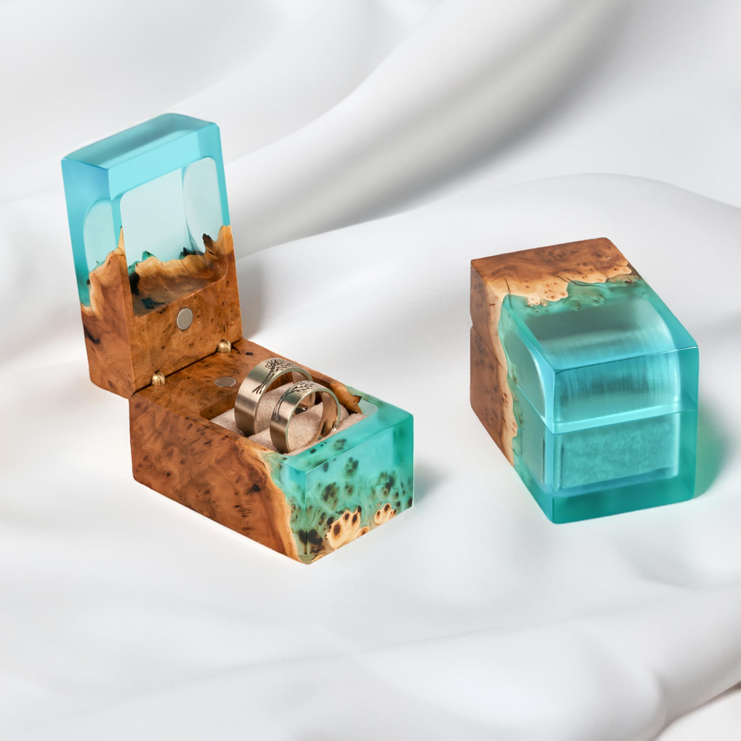 Exquisite Handcrafted Wooden Ring Box - Unique Engagement Ring Bearer Box for Wedding Proposals - Double Ring Holder for Women & Men (Aqua Blue) - Perfect for Engagement Gifts, Wedding Ceremonies & Romantic Surprises