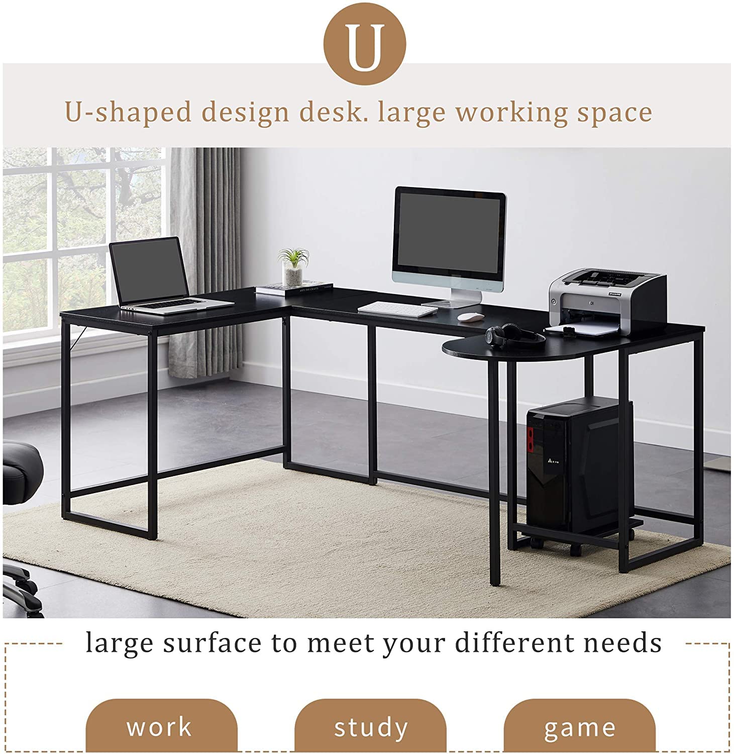 Ergonomic U-Shaped Computer Desk with CPU Stand - 78.7