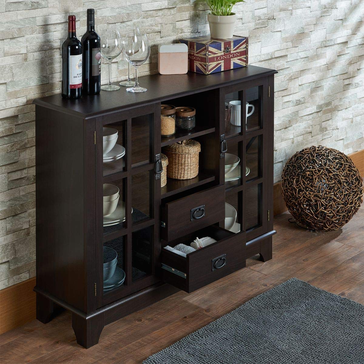 HABITRIO Modern Console Table with Drawers and Shelves - Rectangular Composite Wood Sideboard with Framed Glass Door Storage, Open Compartment - Perfect for Living Room, Entryway, or Hallway (Espresso Finish)
