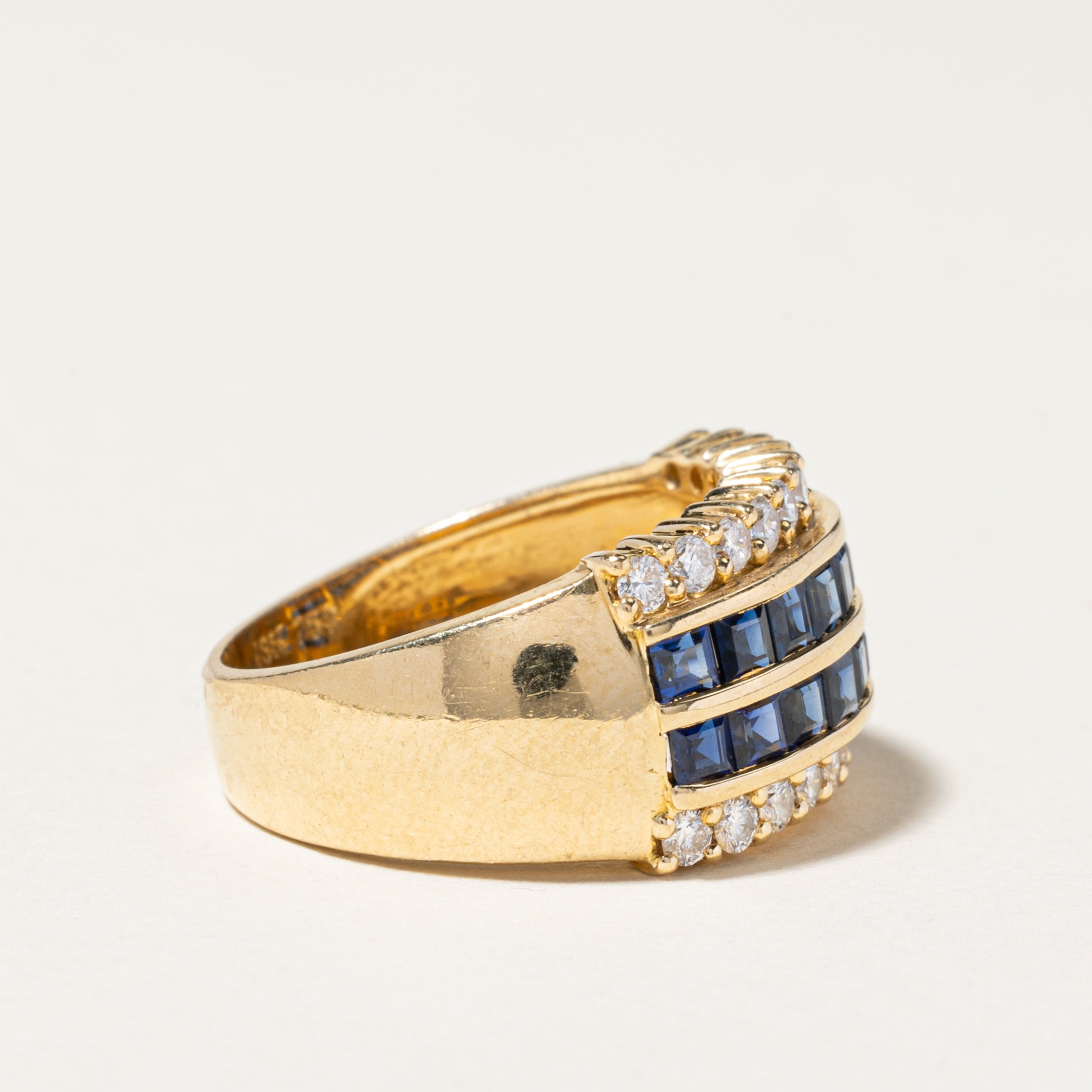 18K Yellow Gold Double Row Sapphire and Diamond Ring - 1.52ctw Sapphires & 0.60ctw Diamonds - Size 6.25 - Elegant Wedding, Engagement & Anniversary Jewelry Gift