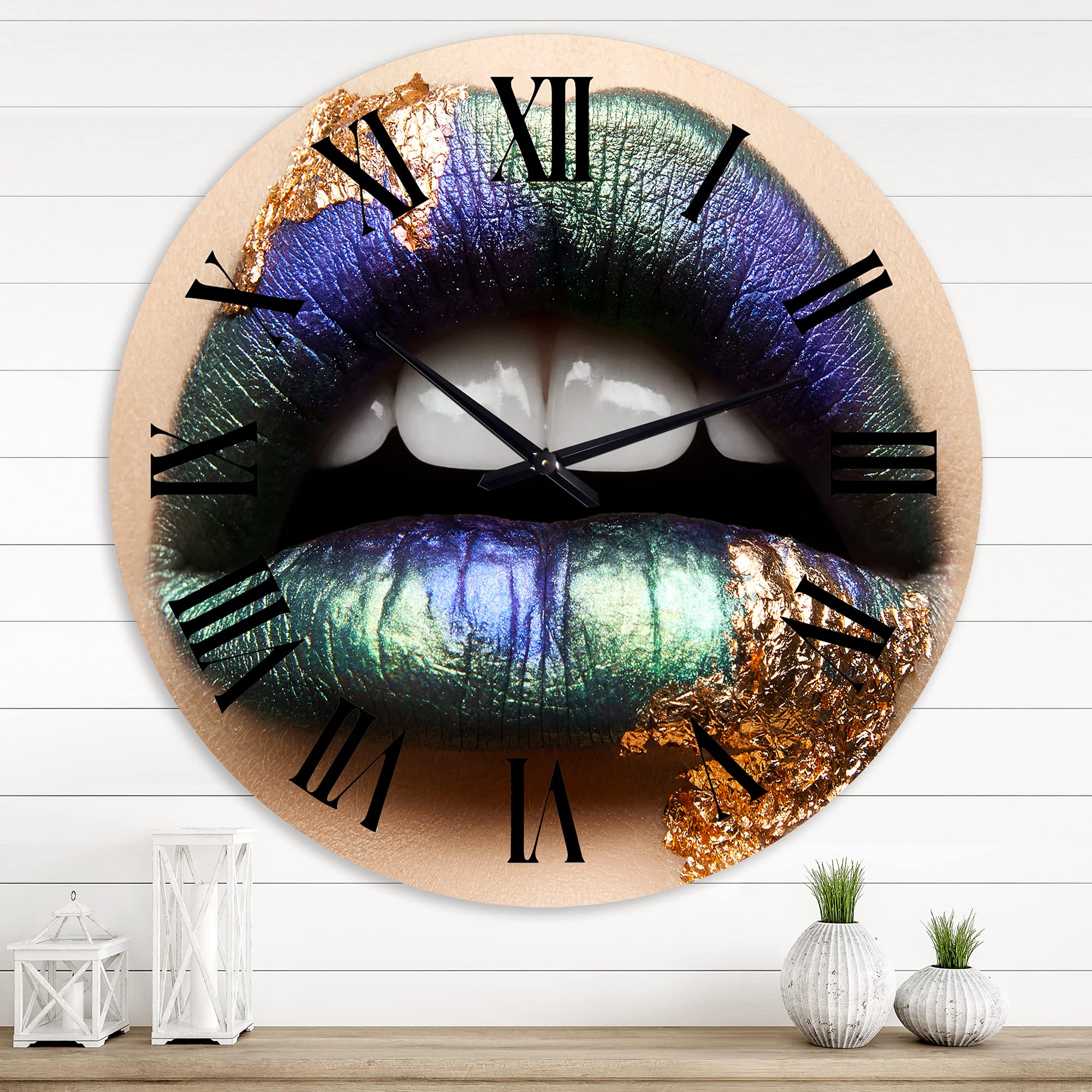 DesignQ Modern Wall Clock - Large Female Lips with Green Lipstick & Teeth Art Decor for Living Room, Bedroom, Office | Unique Home Wall Decor Gift Idea