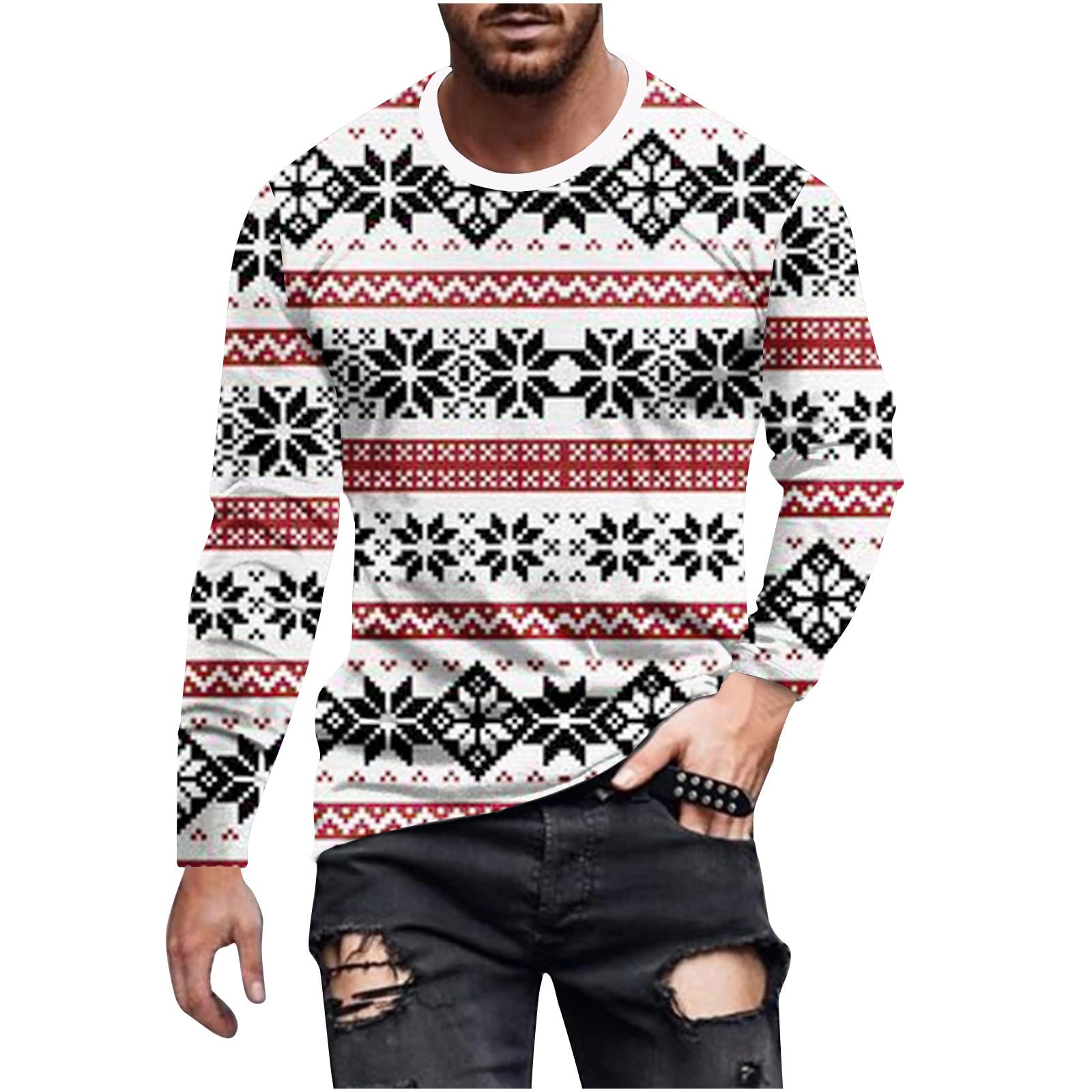 Funny Christmas Sweater for Men - Santa Claus & Snowflakes Plaid Print Long Sleeve Pullover | Warm Winter Holiday Party Jumper | Plus Size Xmas Gift for Him (Office Party, Family Gathering, Ugly Sweater Contest)