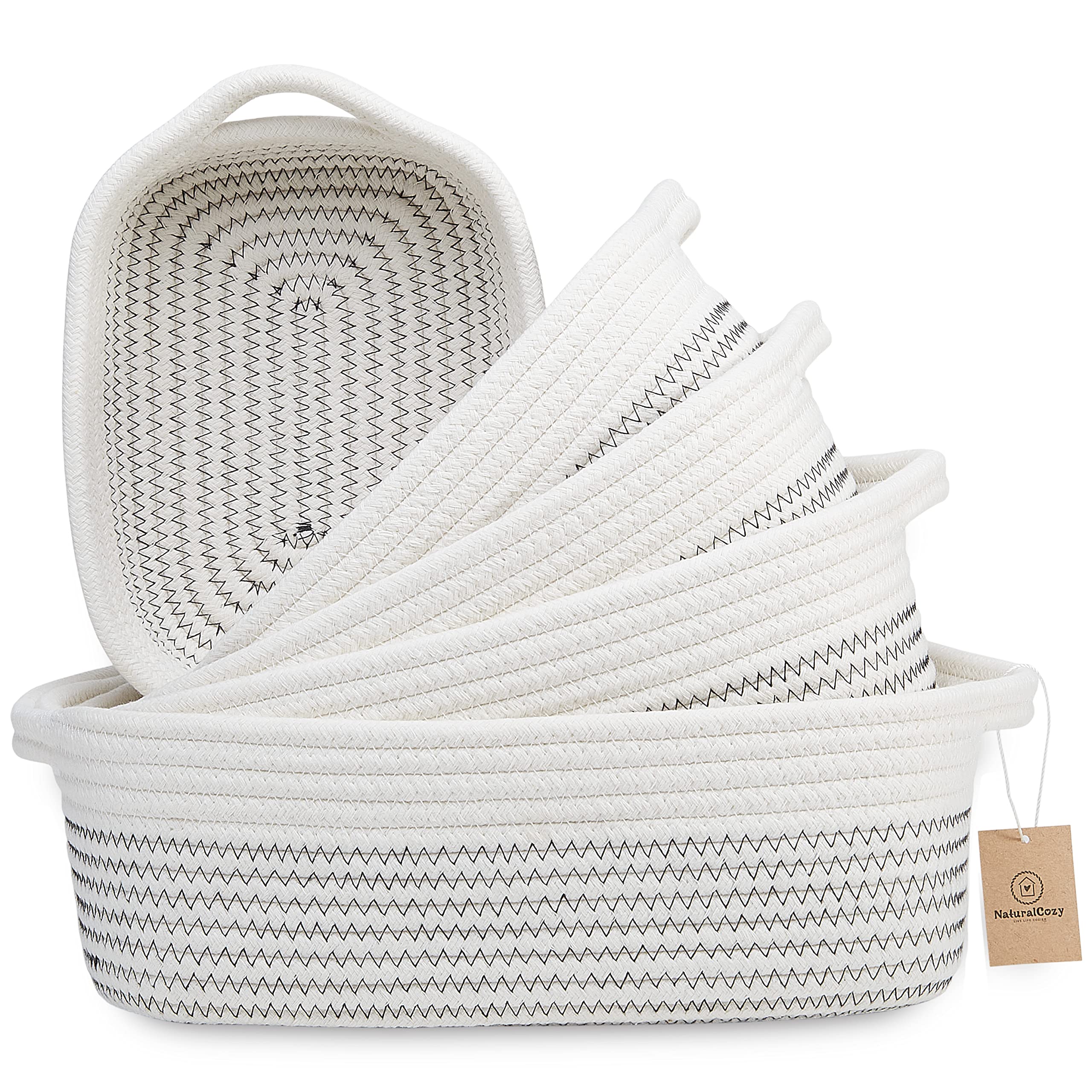 NaturalCozy 5-Piece Rectangle Storage Basket Set - Cotton Rope Woven Organizer Bins for Home, Nursery & Pet Toys | Perfect for Montessori, Baby Room, Dog & Cat Toy Storage, Bathroom Organization & Clutter Control