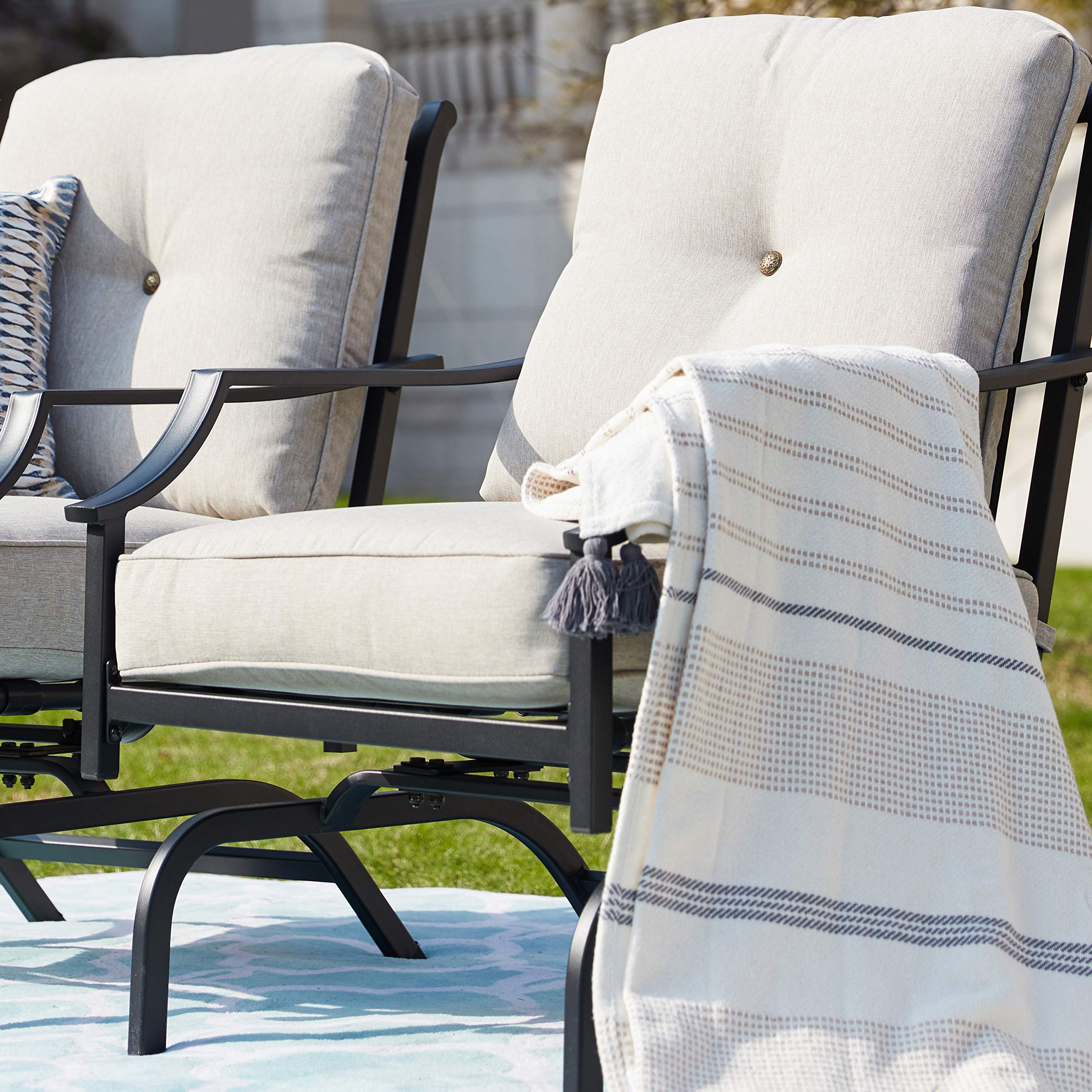 Premium Outdoor Rocking Chairs with Padded Cushions - 2-Piece Patio Dining Set, Durable Metal Frame & Motion Spring Design - Perfect for Porch, Balcony, Garden & Backyard Relaxation (Beige)