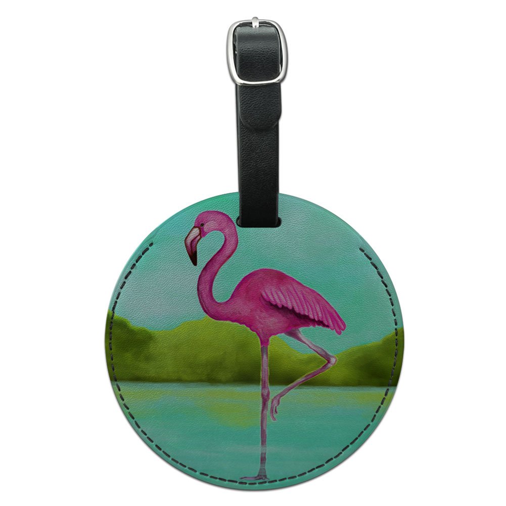 Flamingo Round Leather Luggage Tag - Personalized Suitcase ID Tag for Travel, Carry-On & Checked Bags - Durable Black Leather Name Tag (Perfect for Vacation, Business Trips & Cruise Travel)