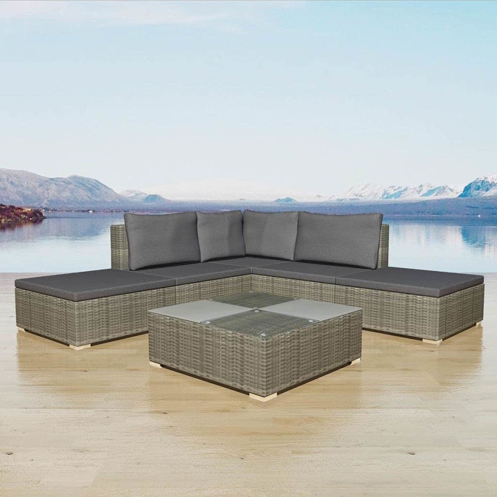 **6-Piece Gray PE Rattan Patio Furniture Sectional Set with Cushions - Outdoor Wicker Sofa & Conversation Set for Garden, Lawn, or Backyard Relaxation**