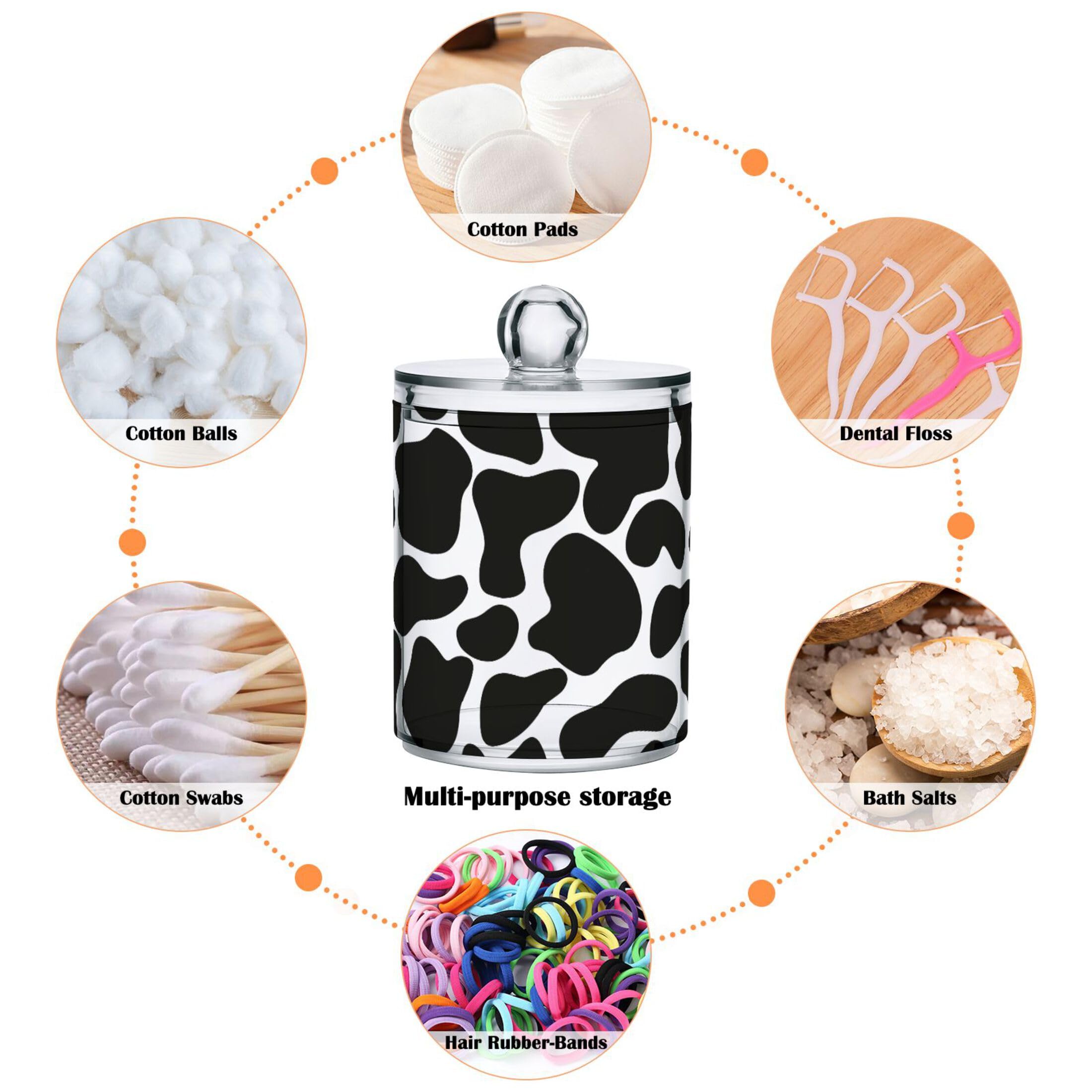 2 Pack Plastic Q-Tips Holder with Cow Print - Bathroom Organizer Canisters for Cotton Balls, Swabs, Pads & Dental Floss - Plastic Apothecary Jars for Vanity Countertop - Perfect for Farmhouse & Boho Style Bathroom Decor