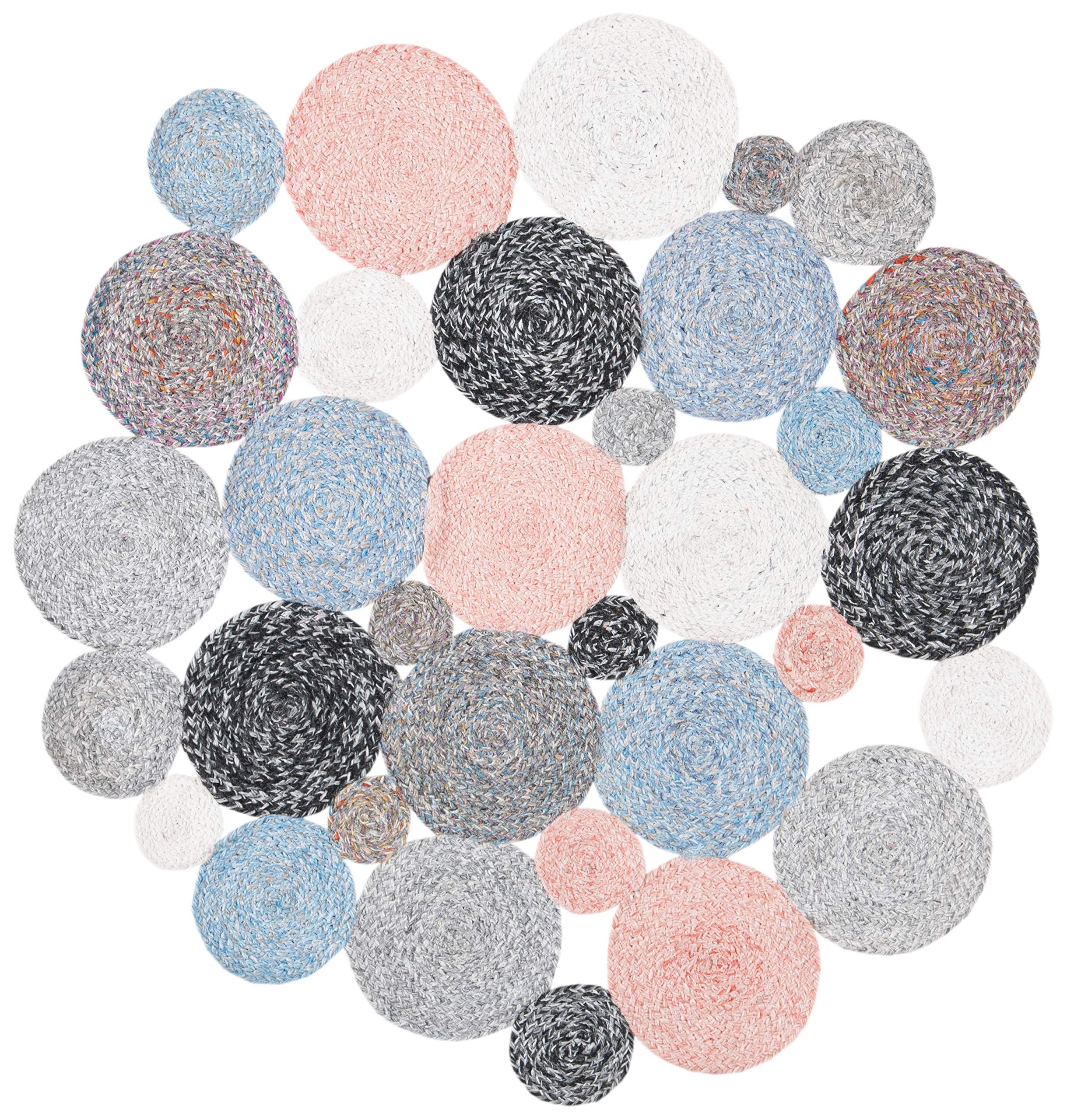 SAFAVIEH Cape Cod Collection 3' Round Blue and Pink Handmade Braided Area Rug - Perfect for Living Room, Bedroom, or Nursery Decor