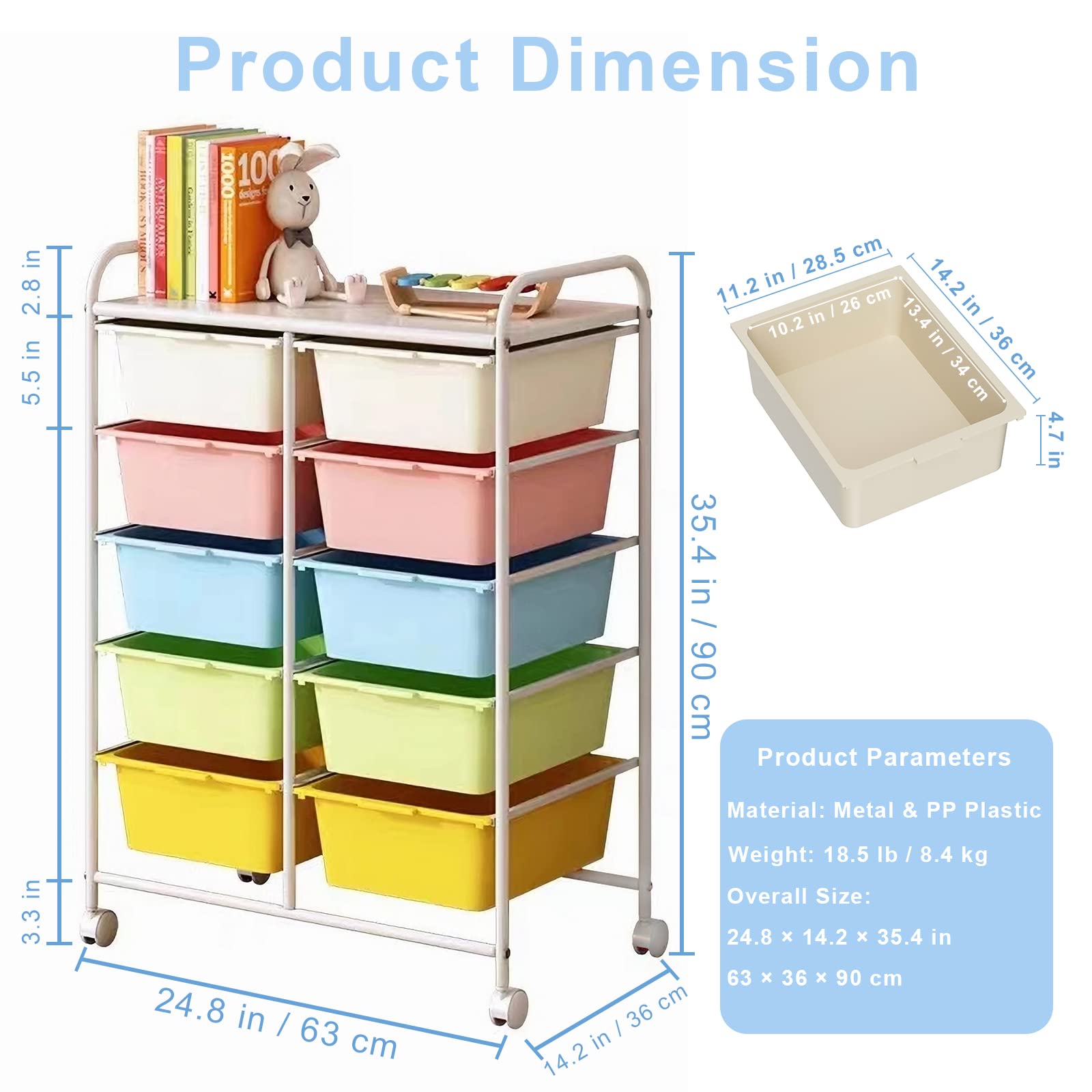 10-Drawer Rolling Storage Cart with Wheels - Plastic & Metal Frame Utility Cart for Home, Office, School - Multipurpose Organizer for Art Supplies, Crafts, Stationery - Ideal for Classroom, Studio, Dorm Room Organization