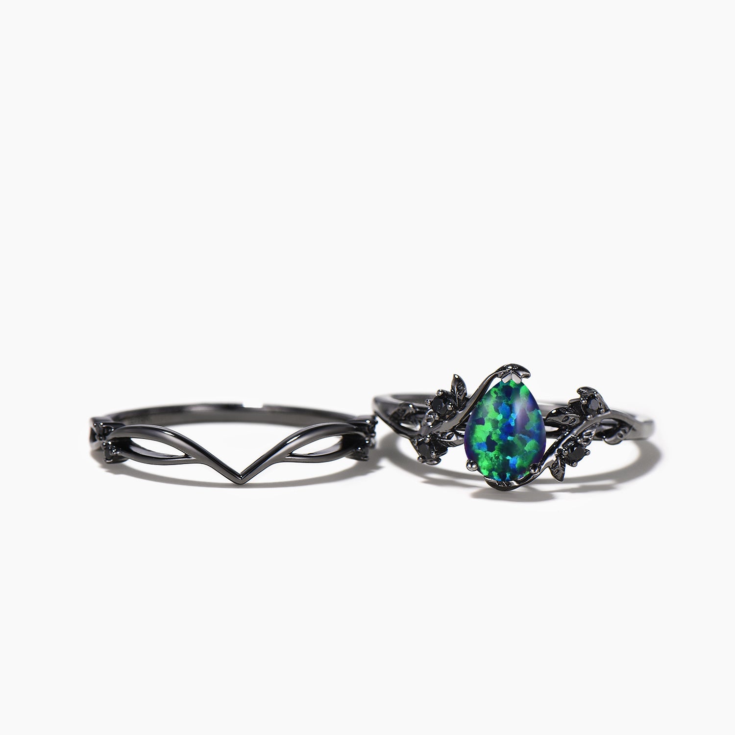 Black Opal Teardrop Leaf Wedding Ring Set - Nature Inspired Black Gold Bridal Jewelry for Engagement, Anniversary & Special Occasions