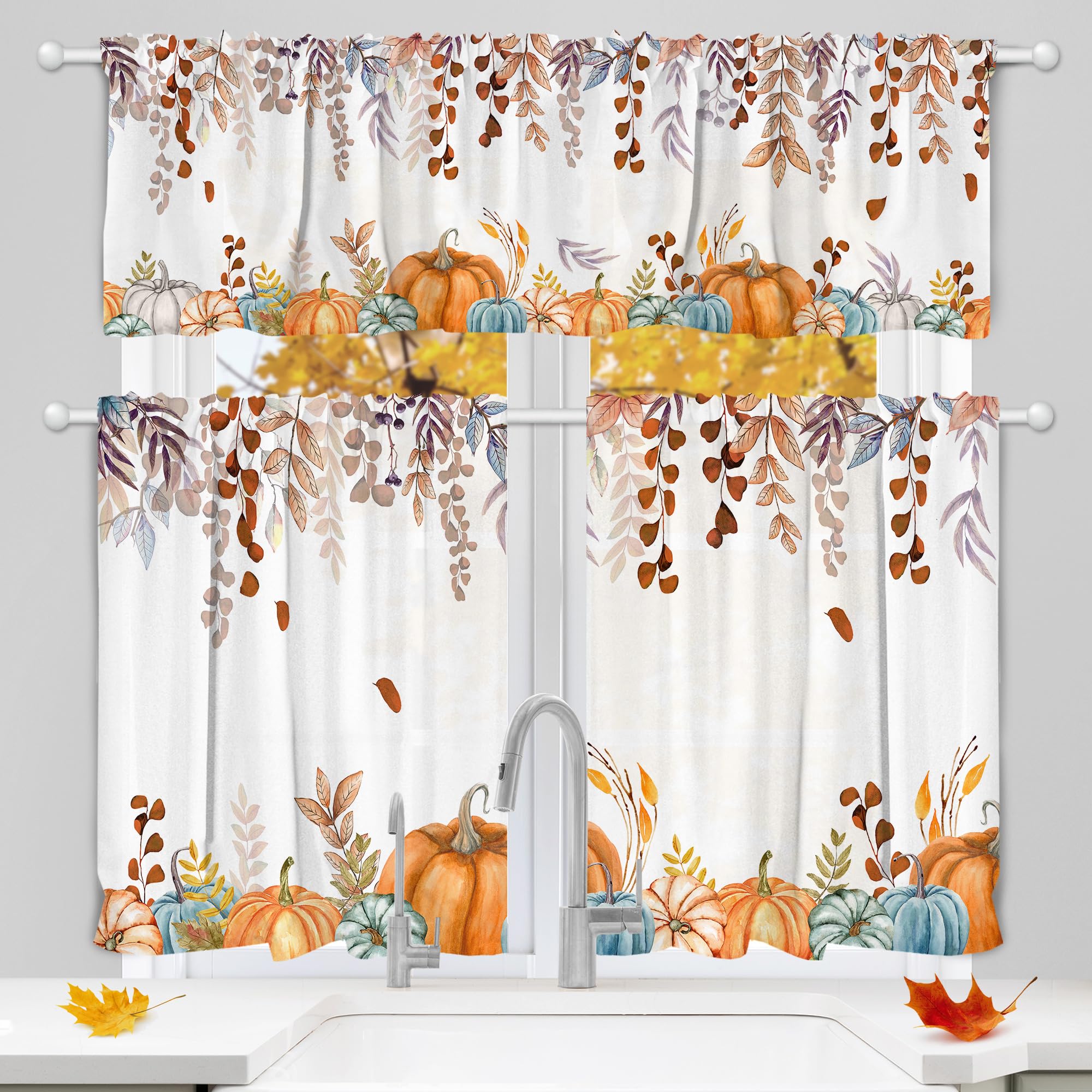 Fall Kitchen Curtains Set of 3 - Autumn Leaf & Pumpkin Design Window Valances with Rod Pocket, 54x36 Inch Seasonal Home Decor for Living Room, Bedroom & Kitchen - Perfect for Thanksgiving & Cozy Fall Atmosphere