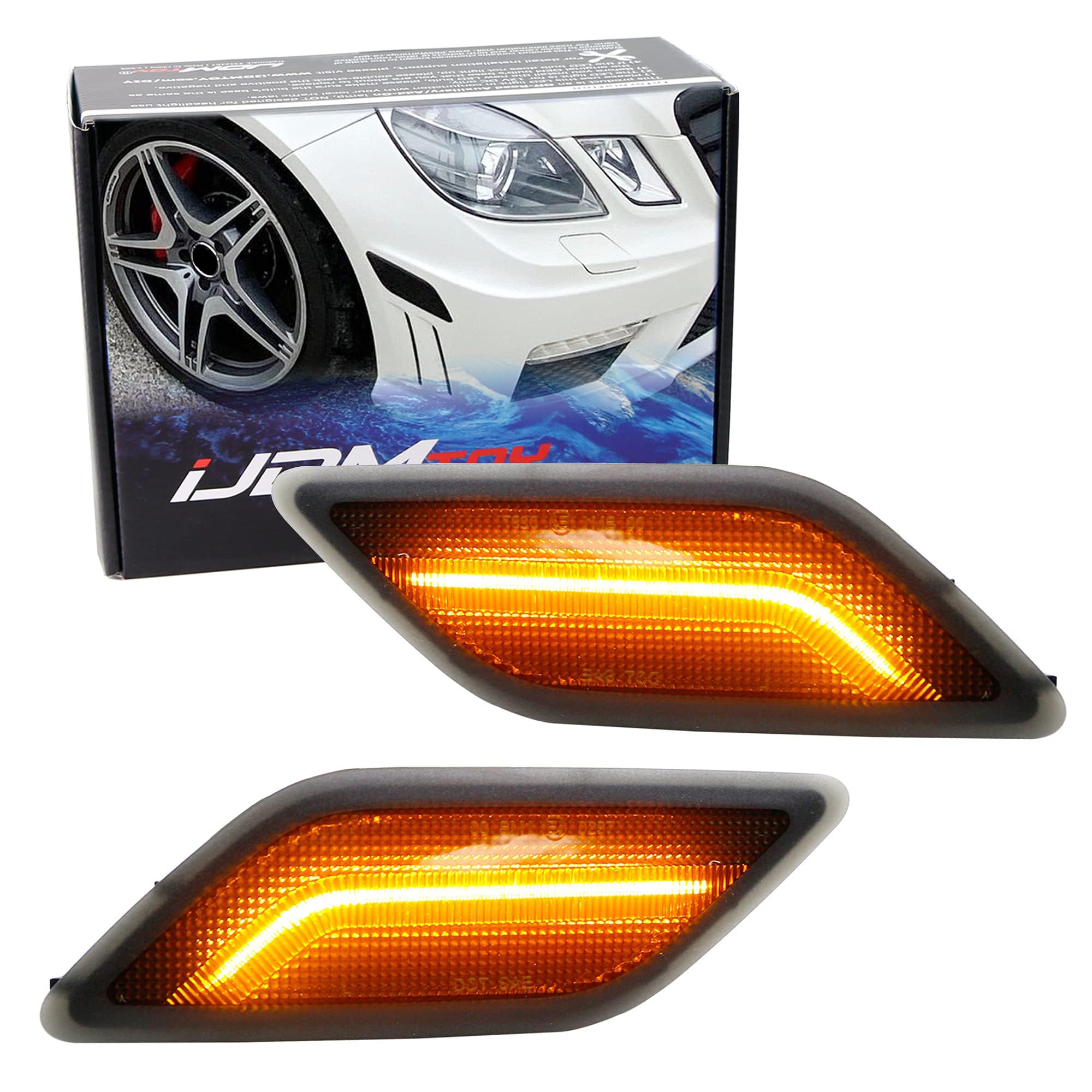 iJDMTOY Smoked Lens Amber LED Strip Front Bumper Side Marker Lights for 2010-2013 Mercedes W212 E-Class (E350/E550/E63) - SMD LED Replacement for OEM Sidemarkers - Perfect for Night Driving & Car Customization