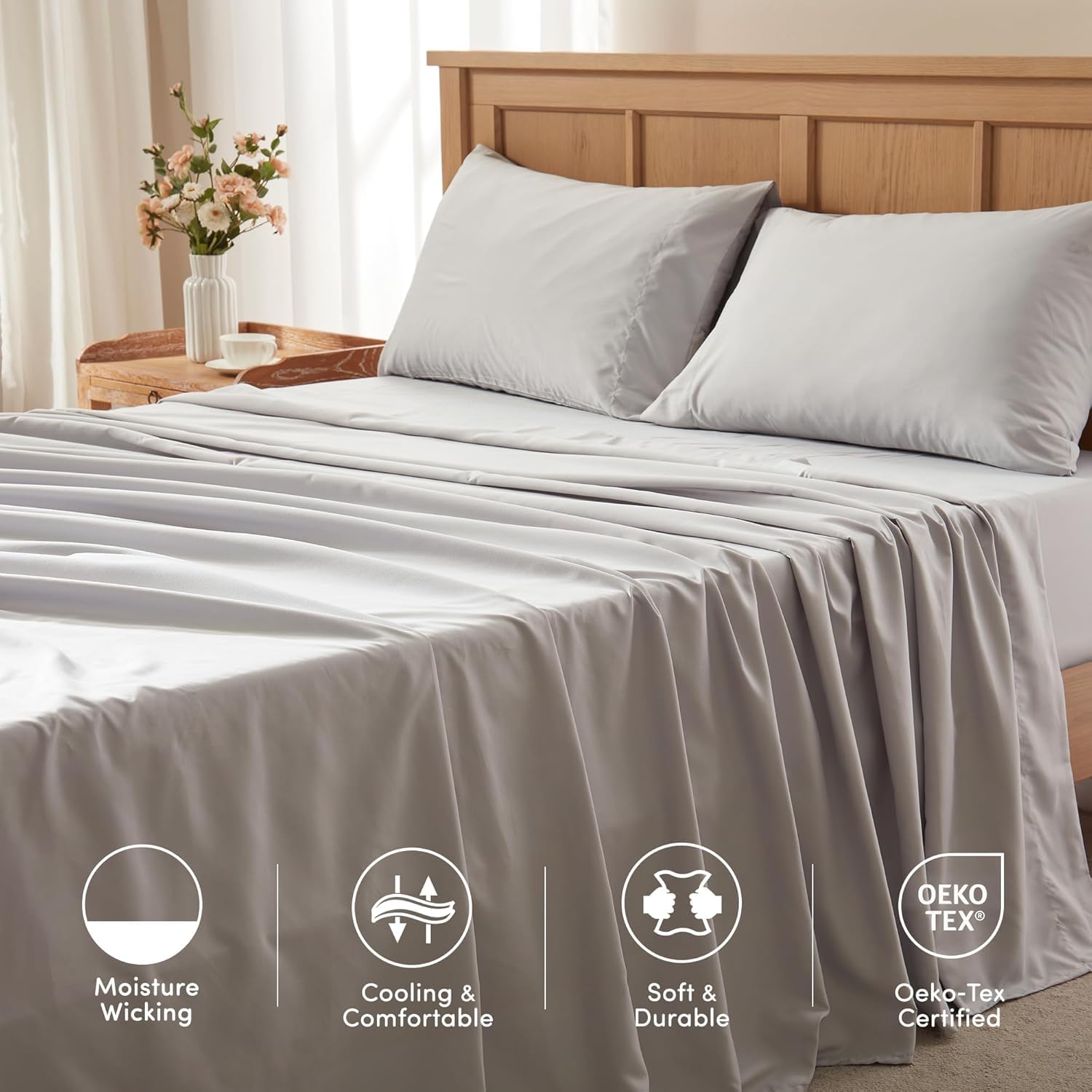 Coolmax Queen Cooling Sheet Set - Moisture Wicking, Soft & Colorfast Bed Sheets for Hot Sleepers | Deep Pocket Fits 16
